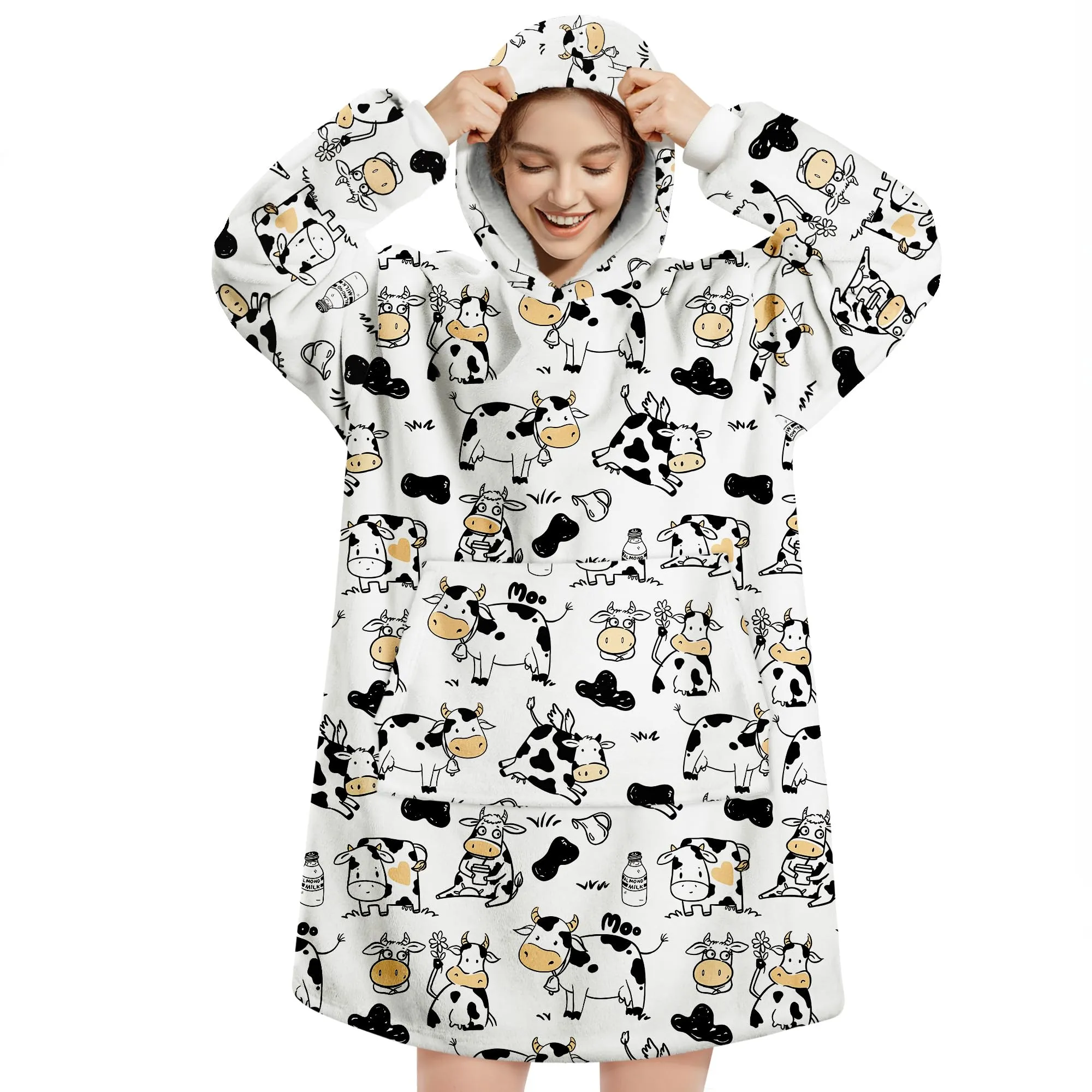 Queenshin Felpa Coperta con Cappuccio Oversize Stampa Mucca Unisex - immagine 1
