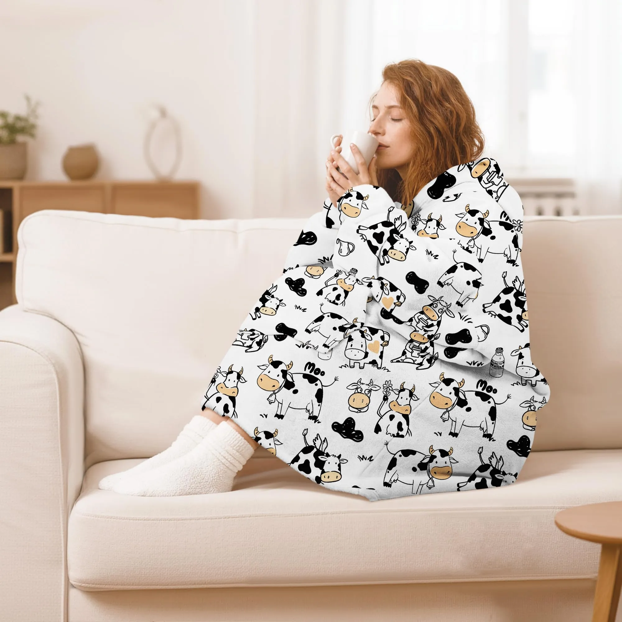 Queenshin Felpa Coperta con Cappuccio Oversize Stampa Mucca Unisex - immagine 2