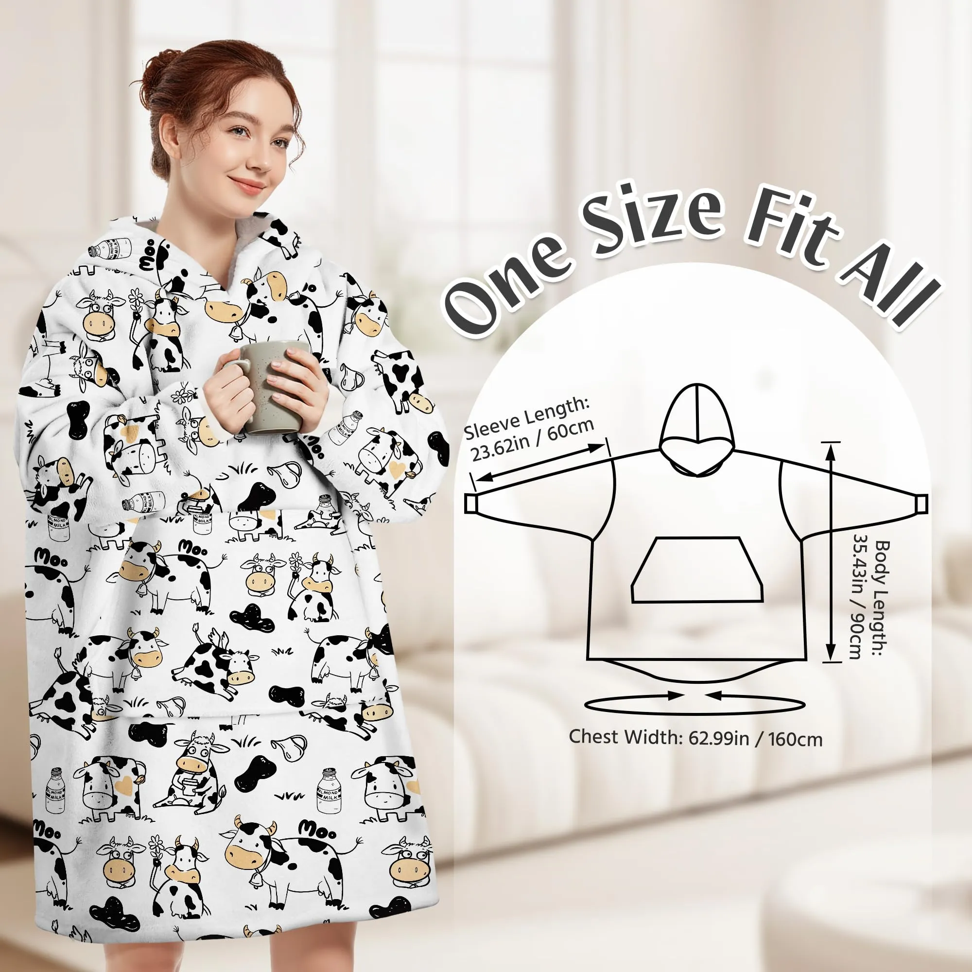 Queenshin Felpa Coperta con Cappuccio Oversize Stampa Mucca Unisex - immagine 3
