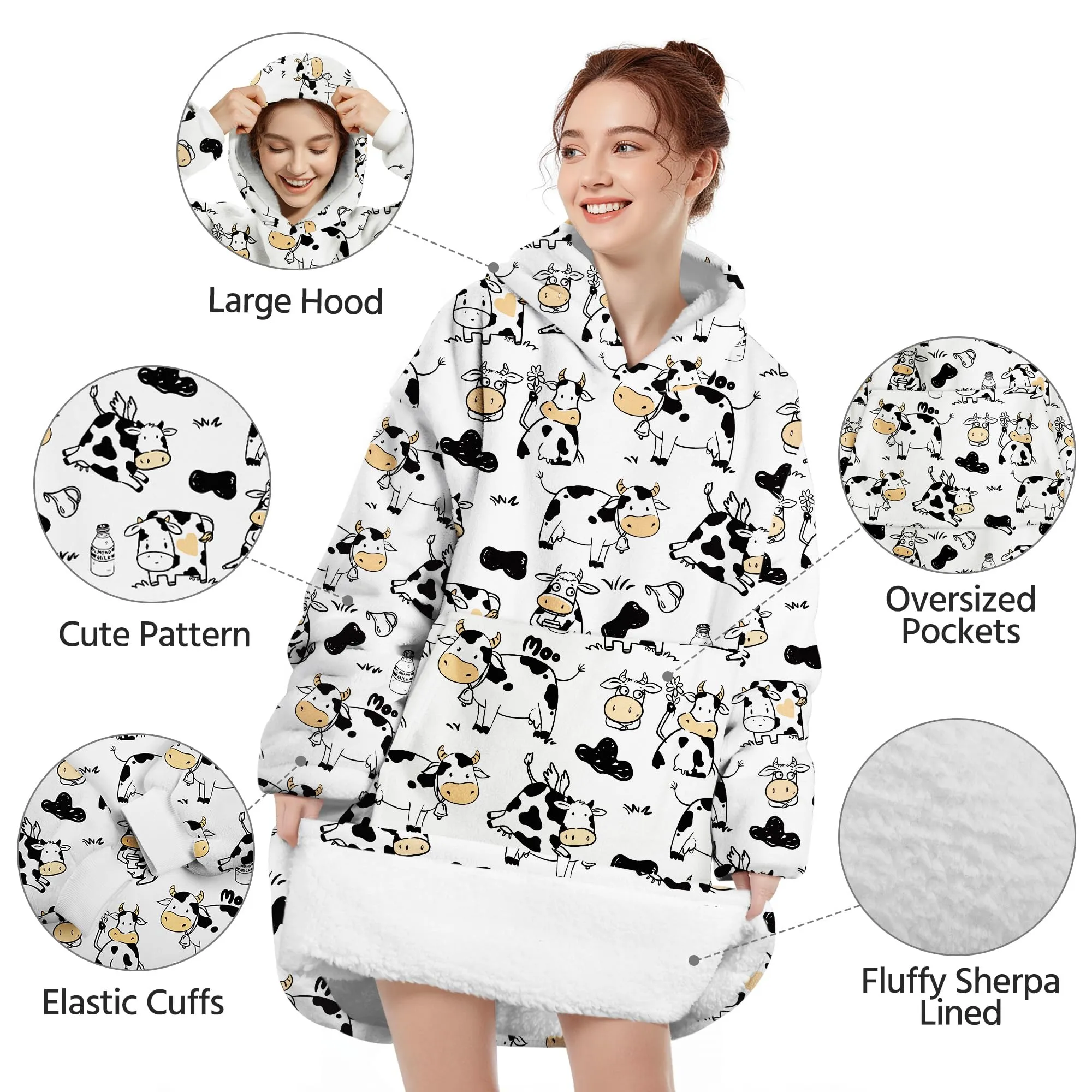 Queenshin Felpa Coperta con Cappuccio Oversize Stampa Mucca Unisex - immagine 4