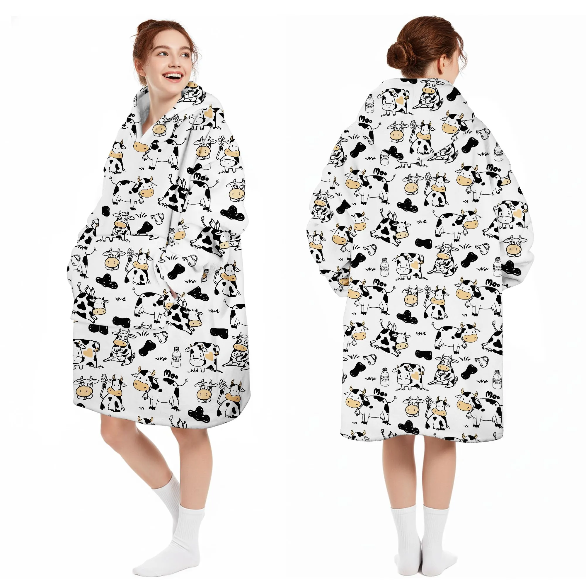 Queenshin Felpa Coperta con Cappuccio Oversize Stampa Mucca Unisex - immagine 5