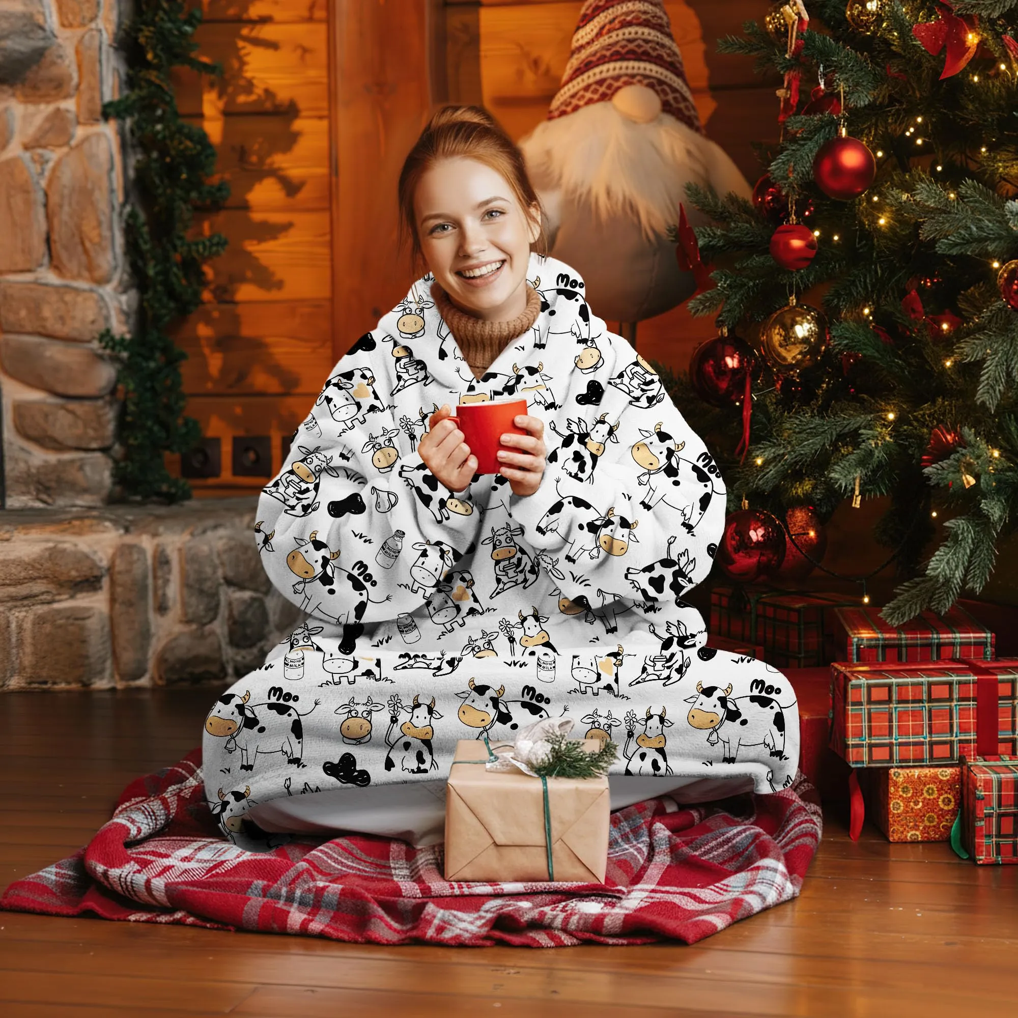 Queenshin Felpa Coperta con Cappuccio Oversize Stampa Mucca Unisex - immagine 7