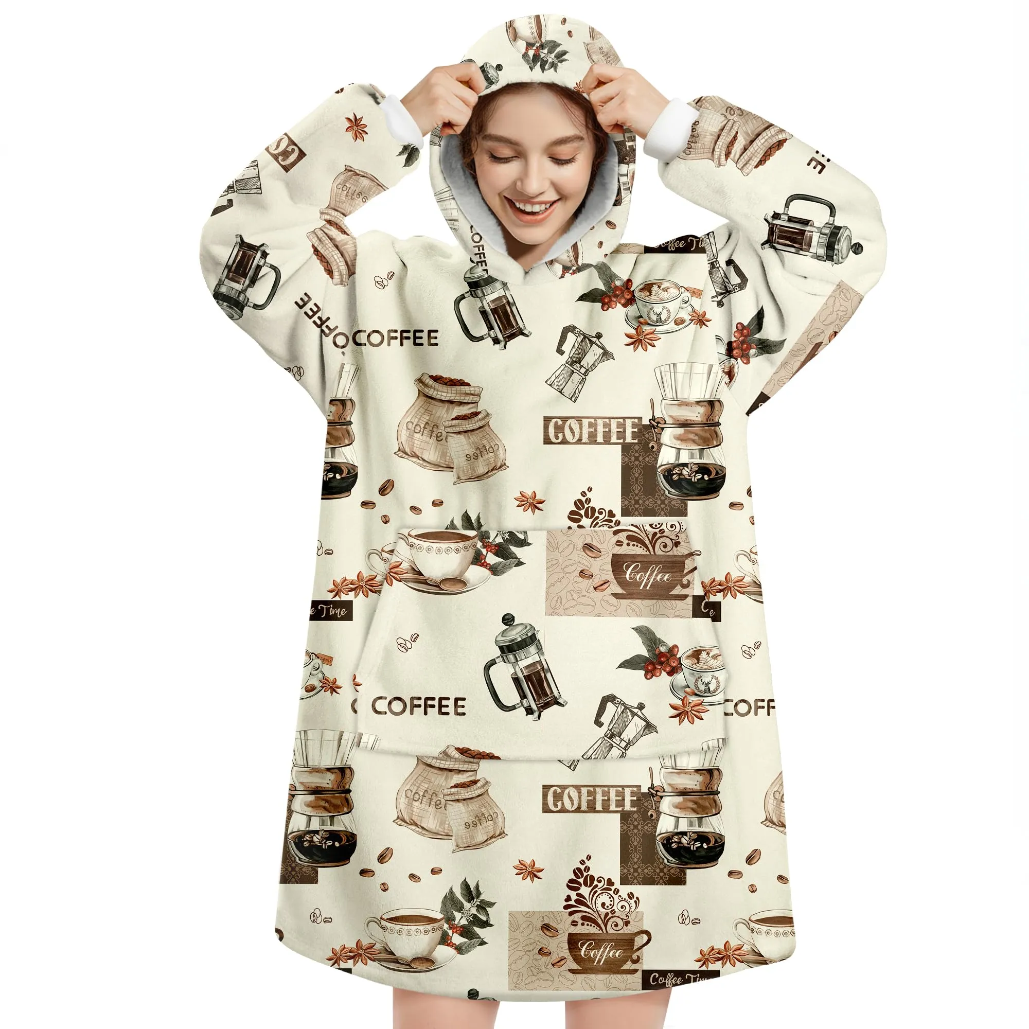 Queenshin Felpa Coperta con Cappuccio e Maniche Unisex Oversize Boho Caffè Taglia Unica - immagine 1