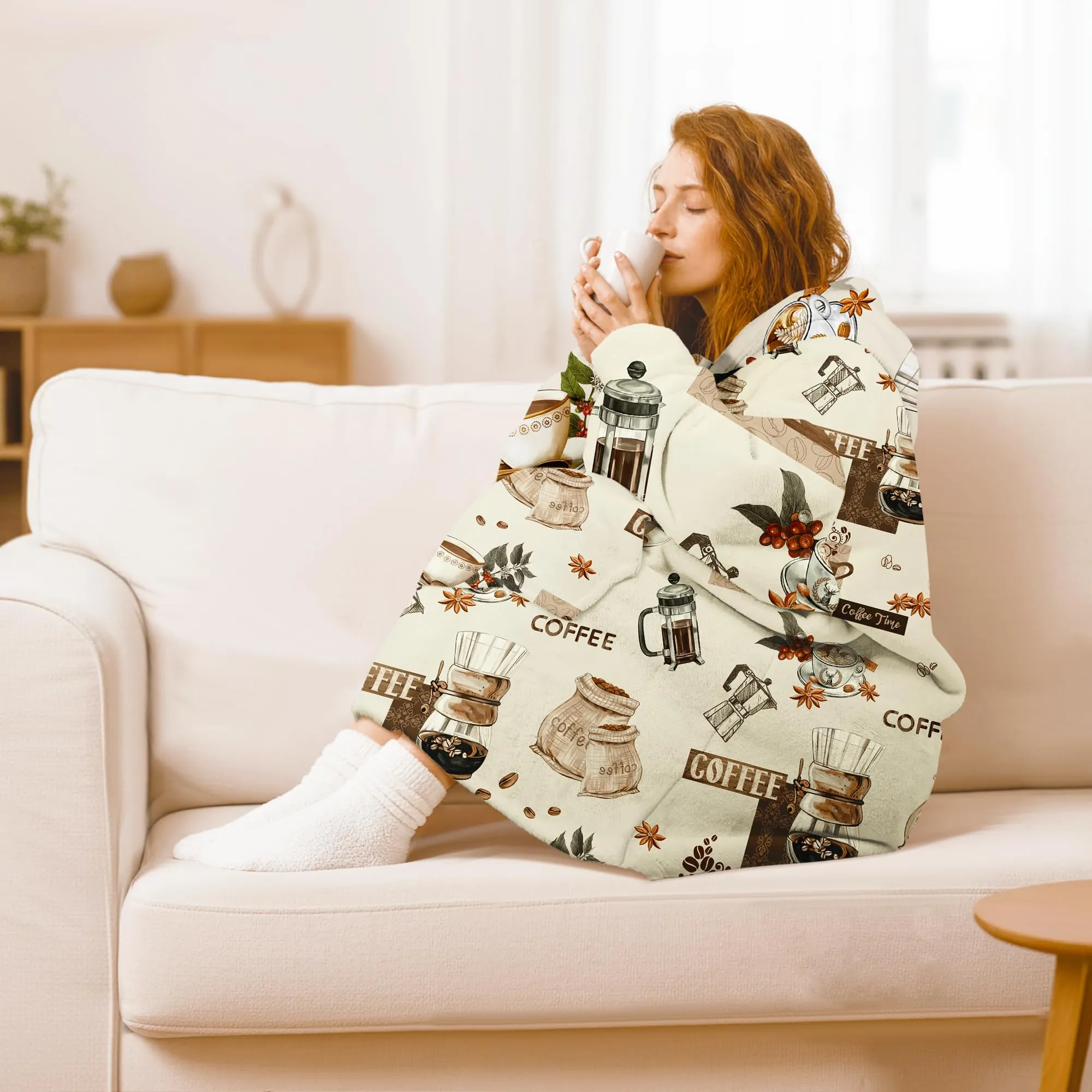 Queenshin Felpa Coperta con Cappuccio e Maniche Unisex Oversize Boho Caffè Taglia Unica - immagine 2