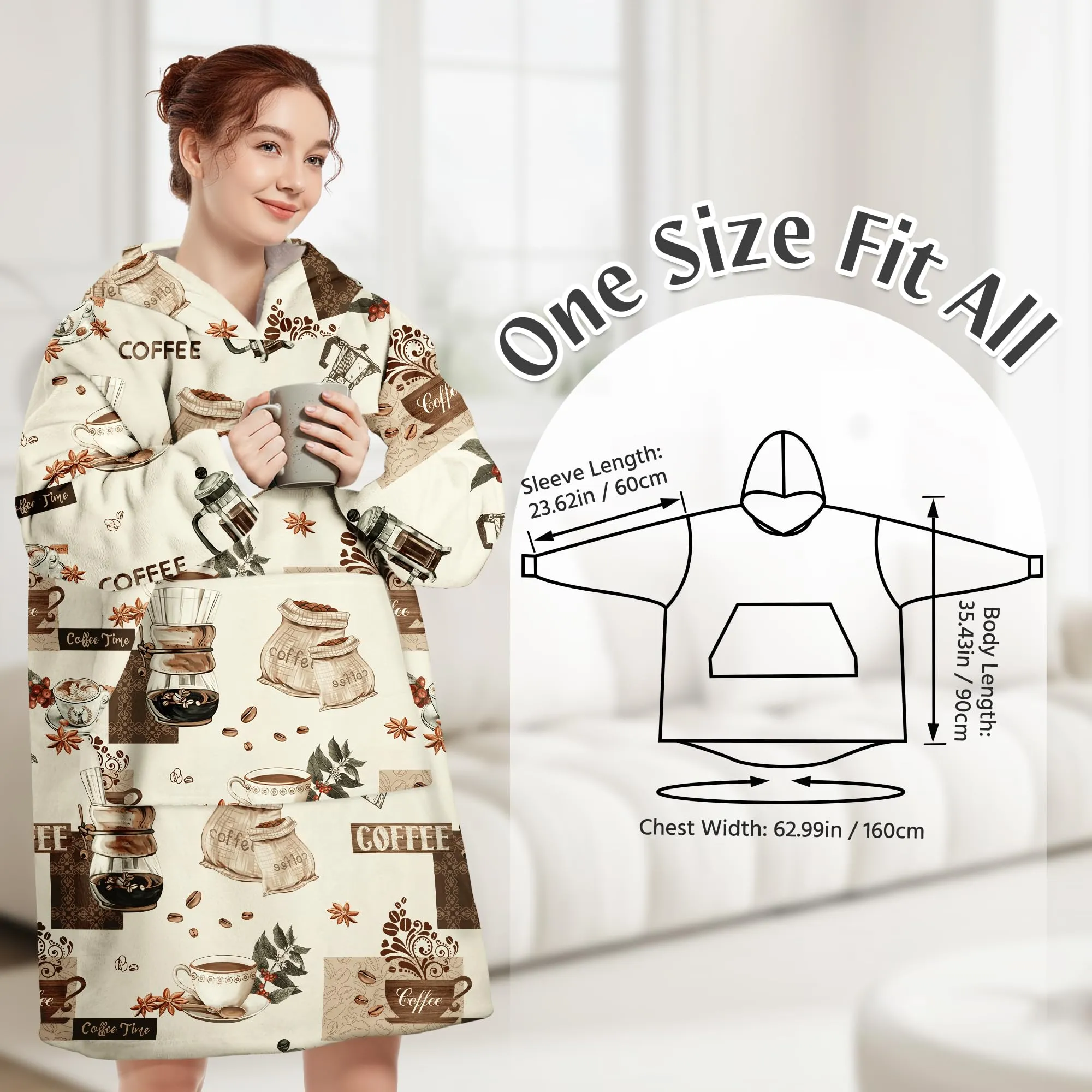 Queenshin Felpa Coperta con Cappuccio e Maniche Unisex Oversize Boho Caffè Taglia Unica - immagine 3