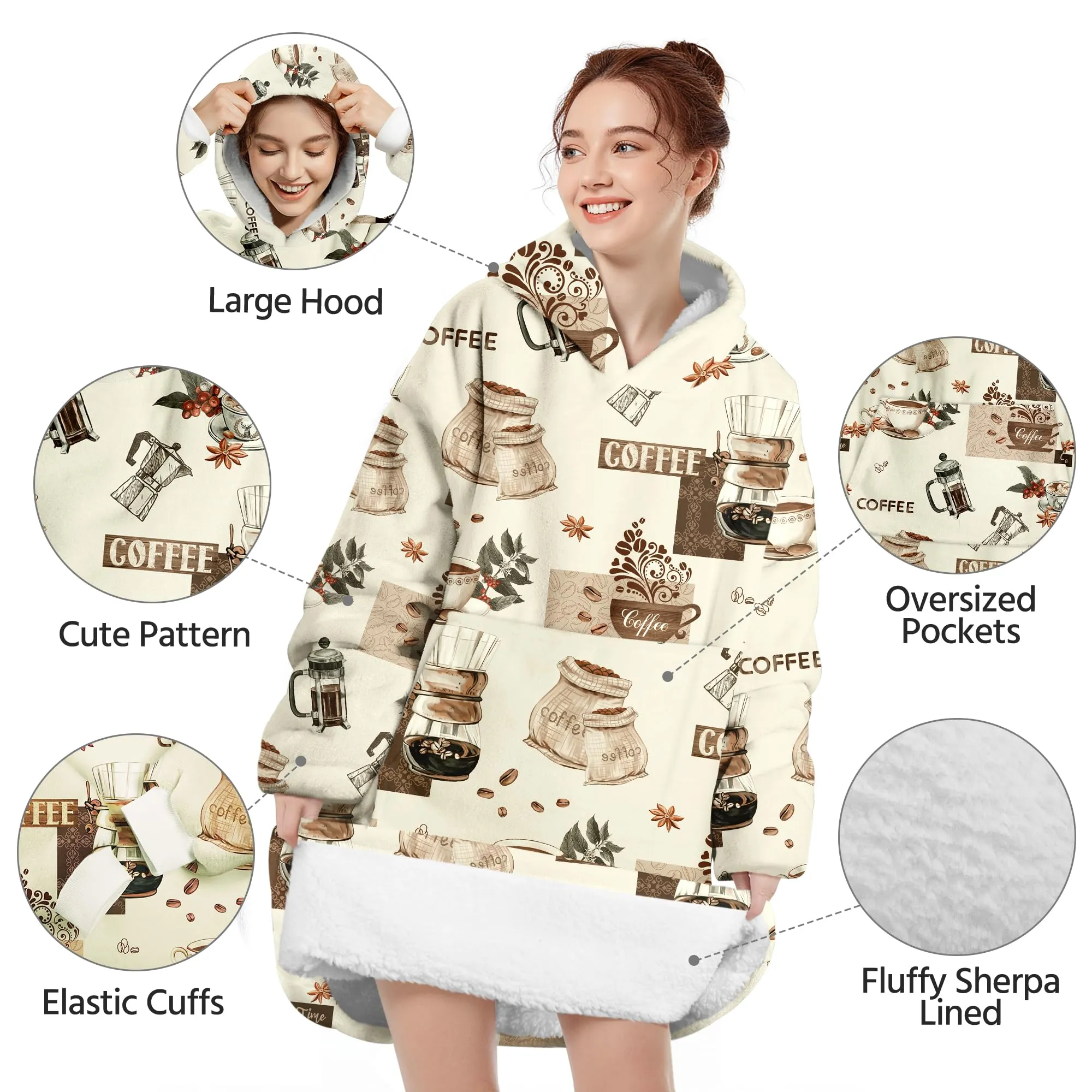 Queenshin Felpa Coperta con Cappuccio e Maniche Unisex Oversize Boho Caffè Taglia Unica - immagine 4