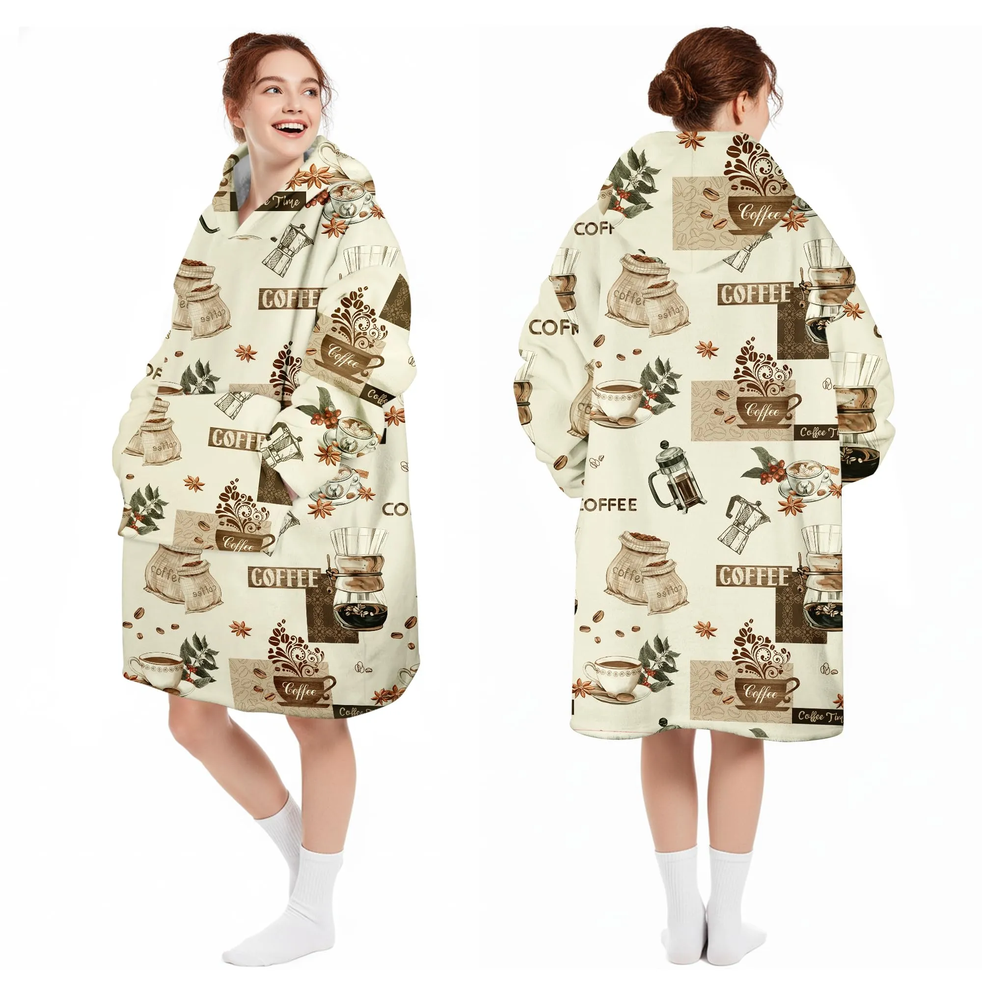 Queenshin Felpa Coperta con Cappuccio e Maniche Unisex Oversize Boho Caffè Taglia Unica - immagine 5