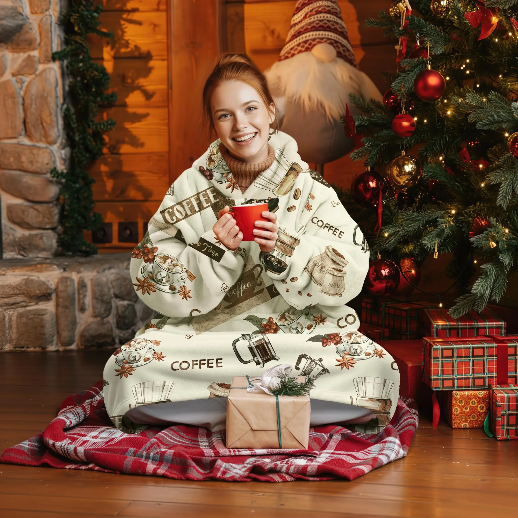 Queenshin Felpa Coperta con Cappuccio e Maniche Unisex Oversize Boho Caffè Taglia Unica - immagine 6