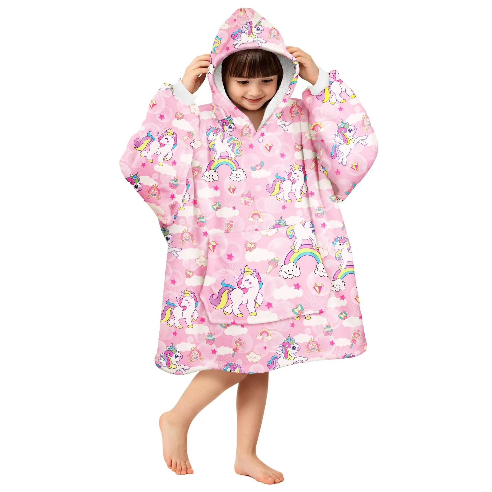 Queenshin Felpa Coperta con Cappuccio e Maniche Bambini Unicorno Rosa Oversize Hoodie - immagine 1