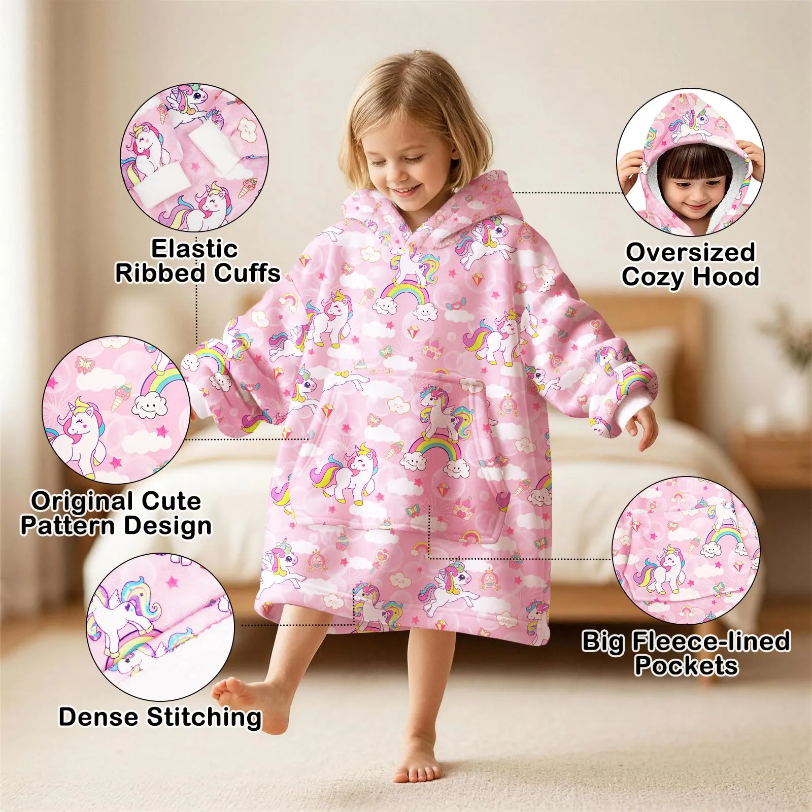 Queenshin Felpa Coperta con Cappuccio e Maniche Bambini Unicorno Rosa Oversize Hoodie - immagine 3