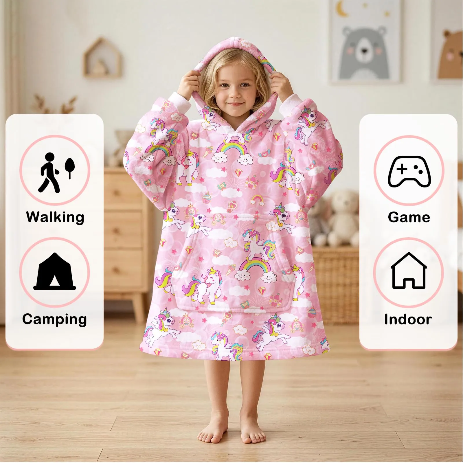 Queenshin Felpa Coperta con Cappuccio e Maniche Bambini Unicorno Rosa Oversize Hoodie - immagine 4
