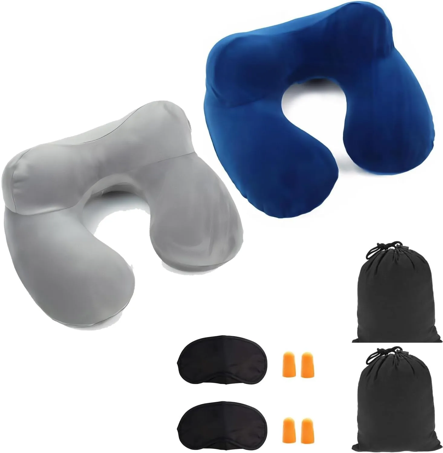 Constefire Cuscino da Viaggio Gonfiabile Ergonomico con Tappi per le Orecchie e Maschera per gli Occhi (Blu Grigio) - immagine 1