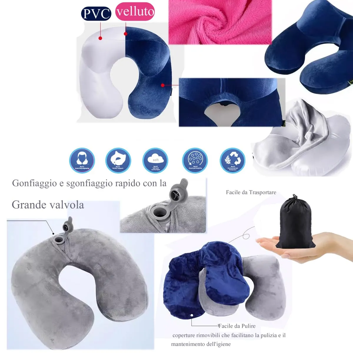 Constefire Cuscino da Viaggio Gonfiabile Ergonomico con Tappi per le Orecchie e Maschera per gli Occhi (Blu Grigio) - immagine 4