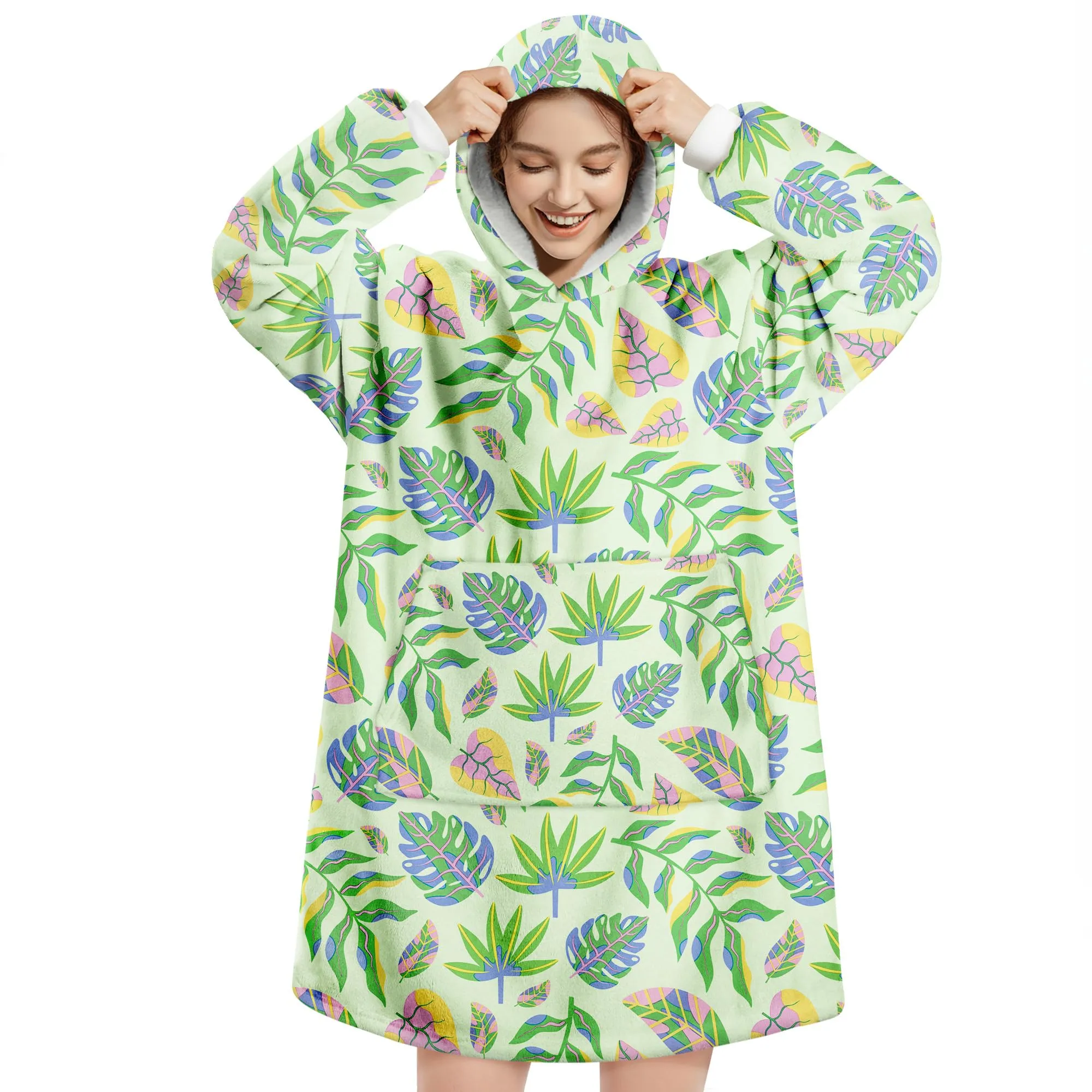Queenshin Felpa Coperta con Cappuccio Oversize Foglia Verde Unisex - immagine 1