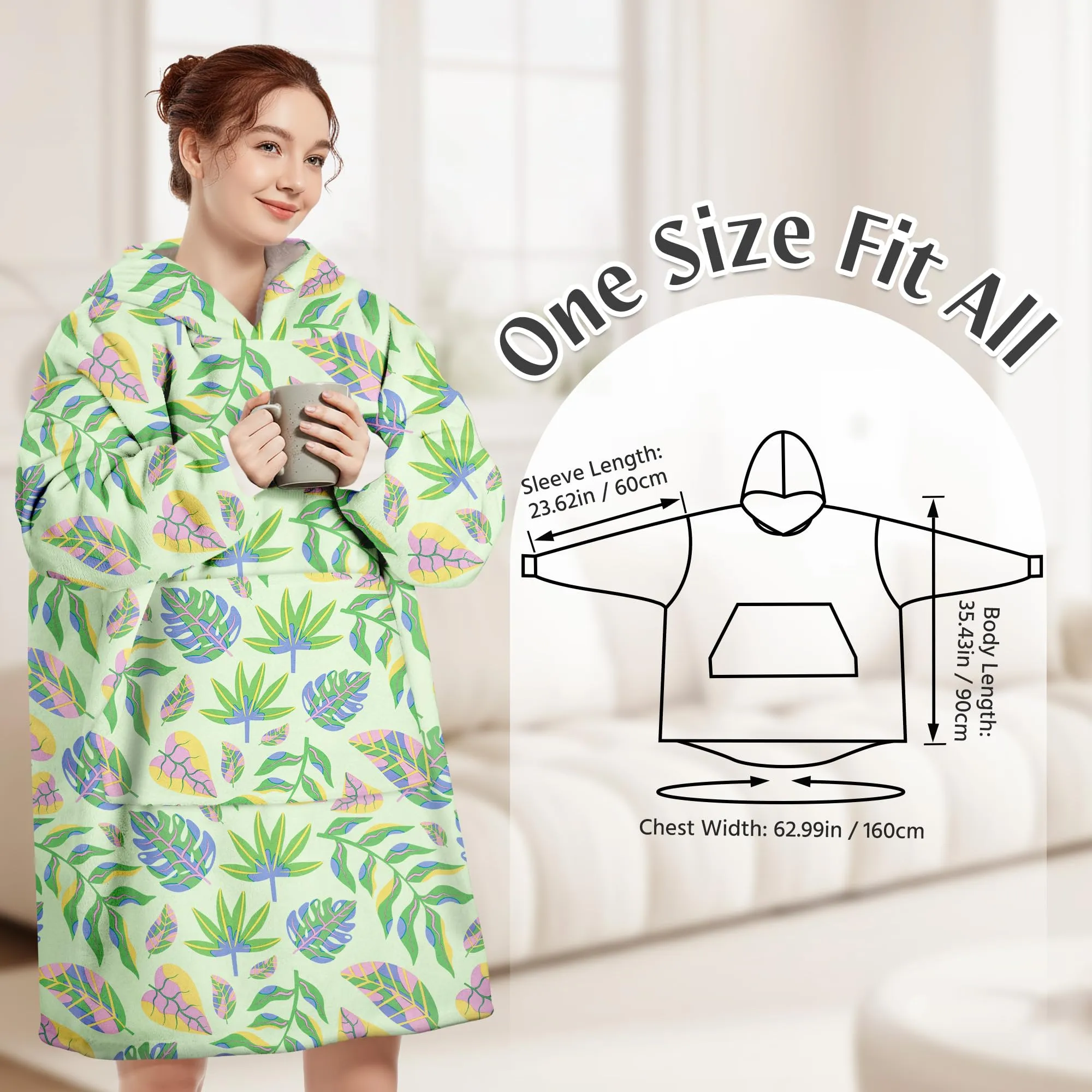 Queenshin Felpa Coperta con Cappuccio Oversize Foglia Verde Unisex - immagine 3