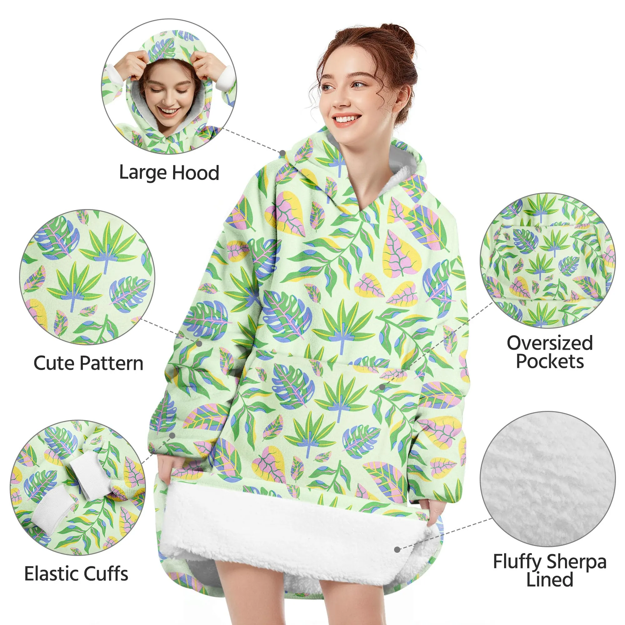 Queenshin Felpa Coperta con Cappuccio Oversize Foglia Verde Unisex - immagine 4