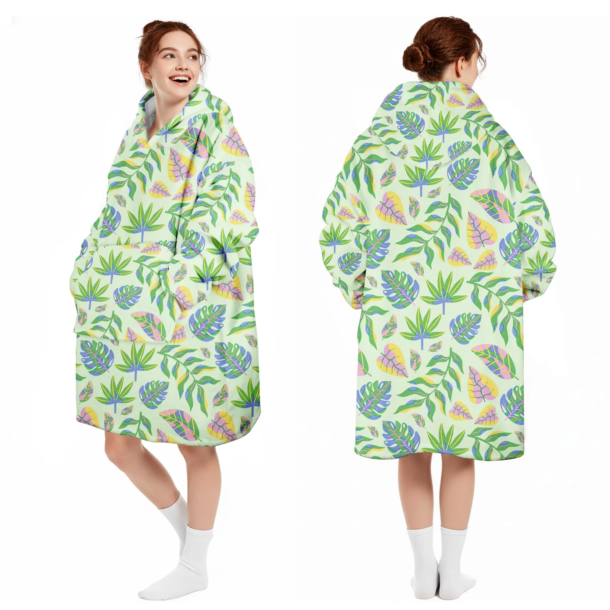 Queenshin Felpa Coperta con Cappuccio Oversize Foglia Verde Unisex - immagine 5