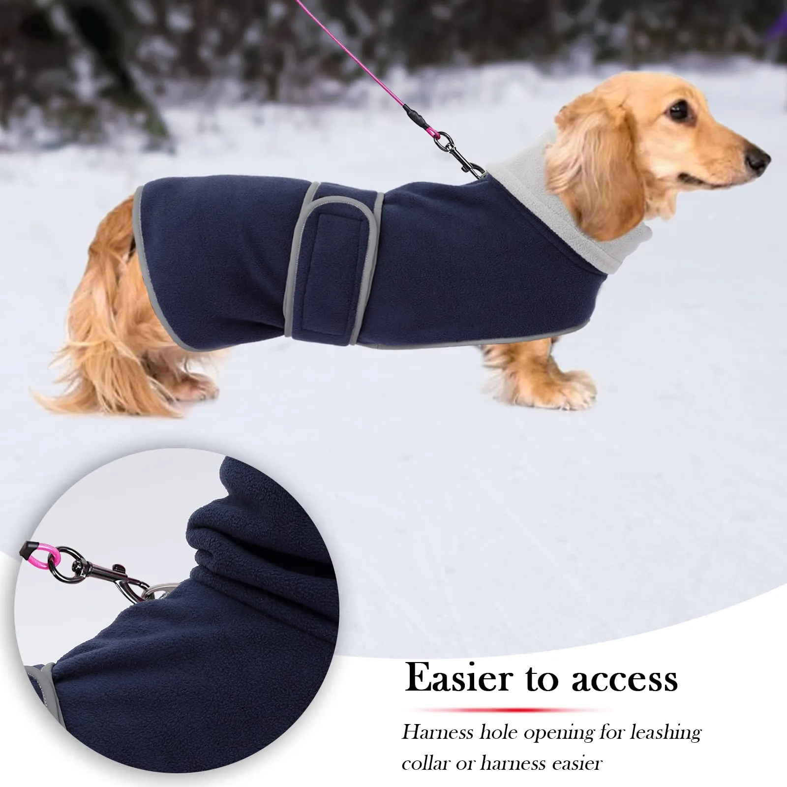 Geyecete Cappotto Invernale in Pile per Cani e Bassotti con Foro per Imbracatura, Blu Navy, L - immagine 4