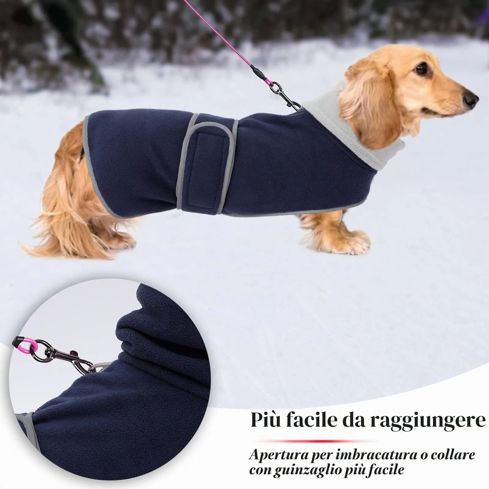 Geyecete Cappotto Invernale in Pile per Cani Bassotti con Foro per Imbracatura, Blu Navy, M - immagine 4