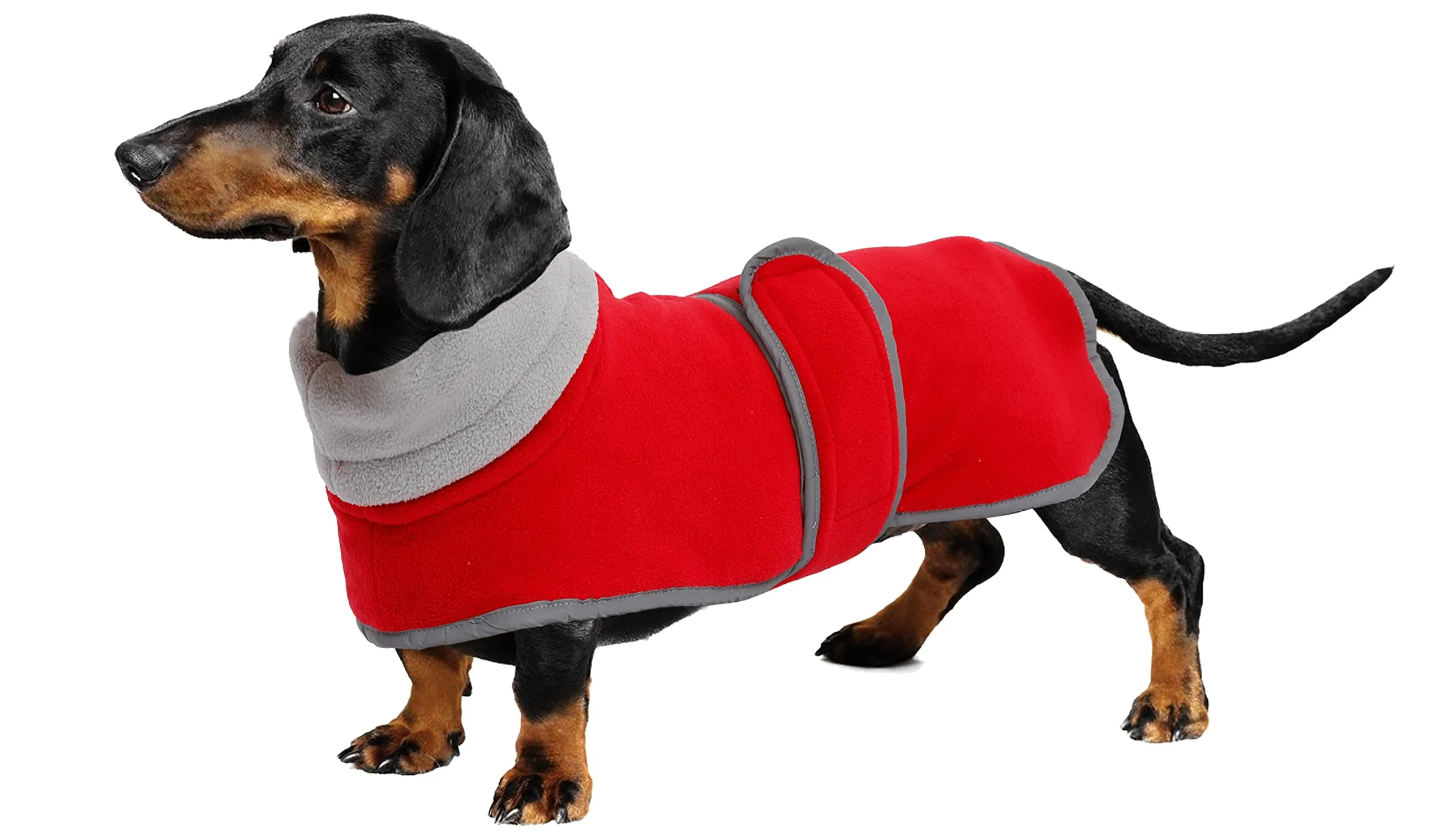 Geyecete Cappotto Invernale per Cani Bassotti in Pile Polare con Foro per Imbracatura - Rosso - M - immagine 1