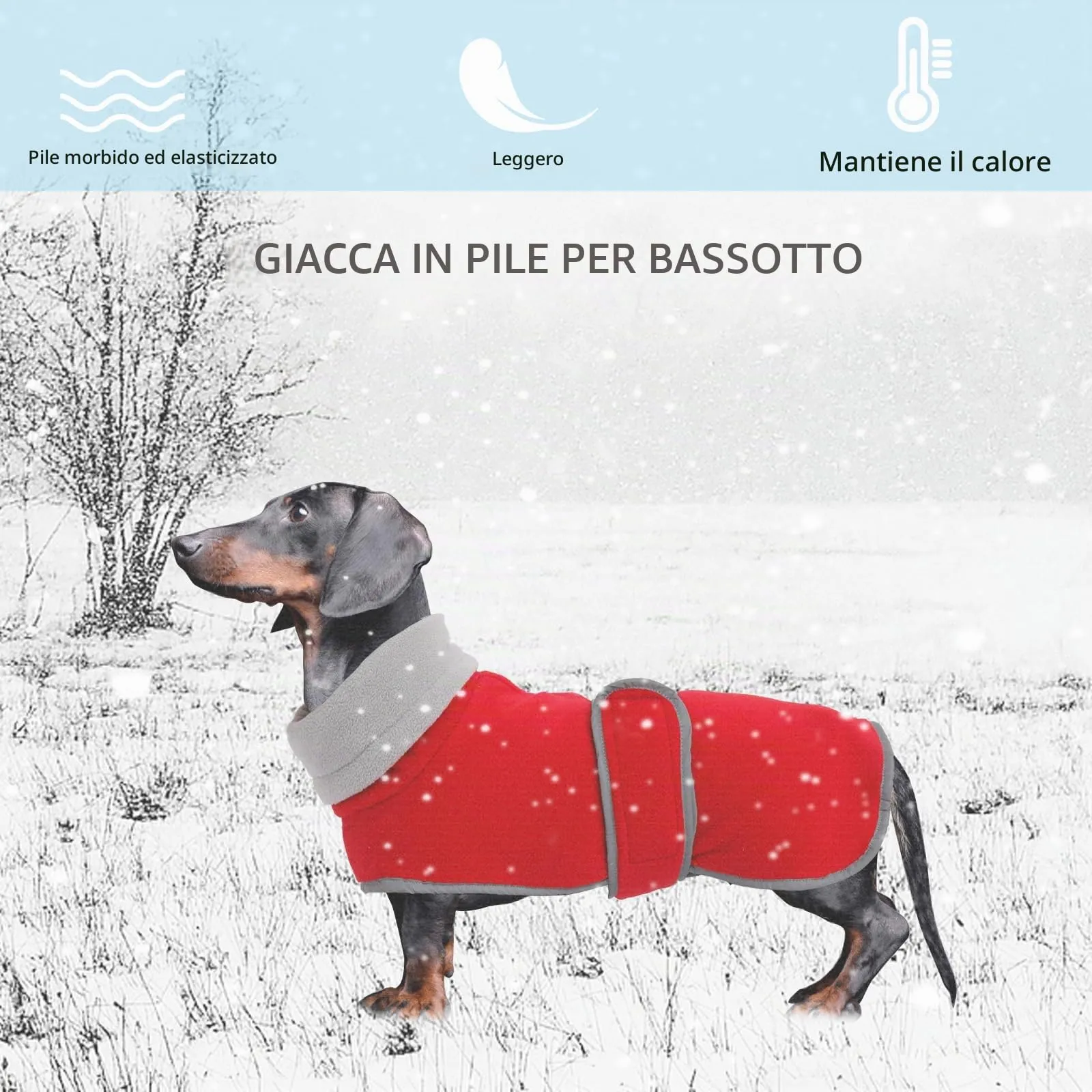Geyecete Cappotto Invernale per Cani Bassotti in Pile Polare con Foro per Imbracatura - Rosso - M - immagine 2