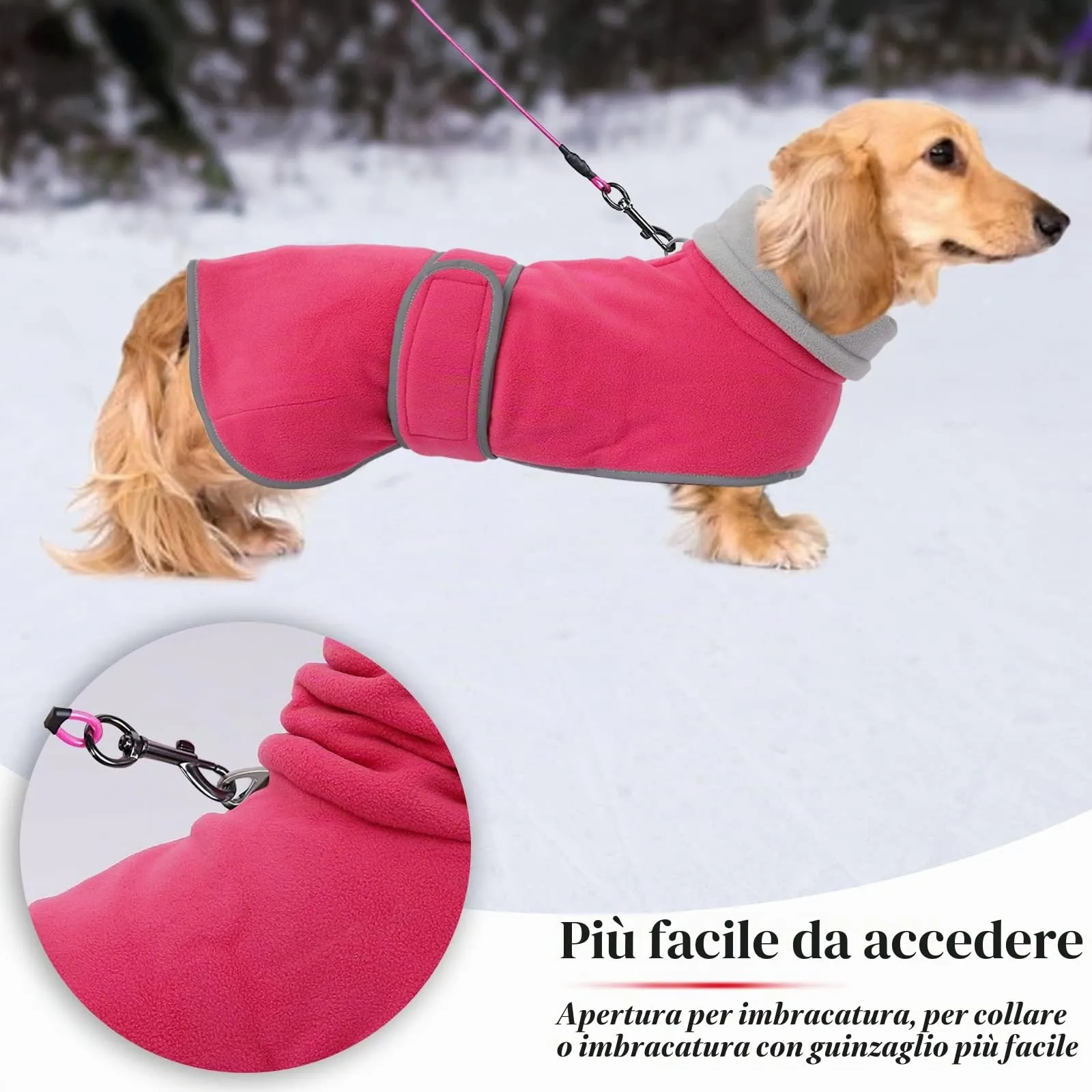 Geyecete Cappotto Invernale in Pile per Cani Bassotti con Foro per Imbracatura, Rosa, M - immagine 4