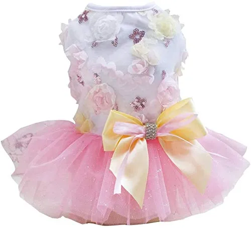 Izefia Abito da Sposa in Pizzo per Cane di Piccola Taglia, Tutù con Fiocco, Rosa, XL - immagine 1