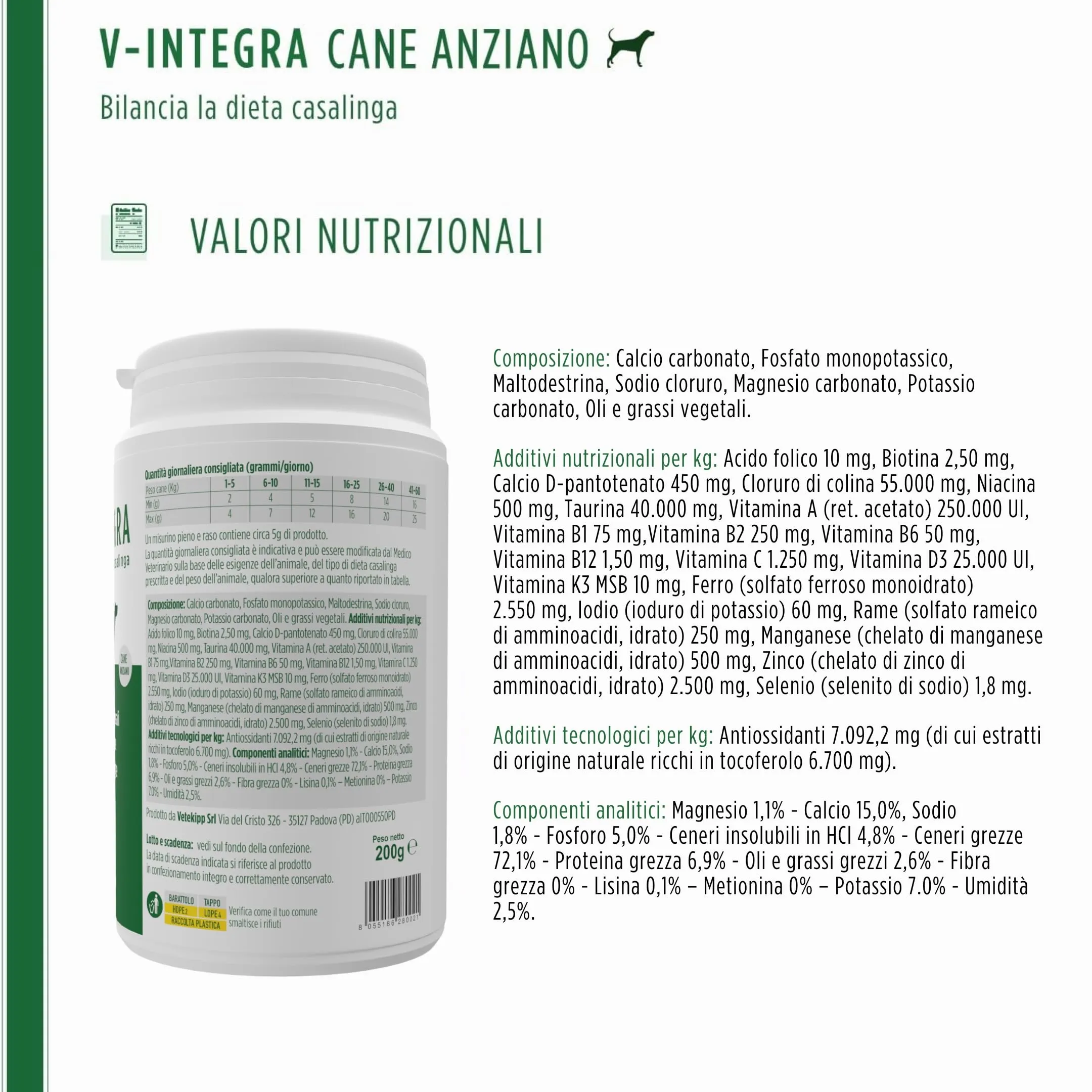V-INTEGRA Cane Anziano, Integratore Multivitaminico per Dieta Casalinga e BARF, 200g - immagine 7