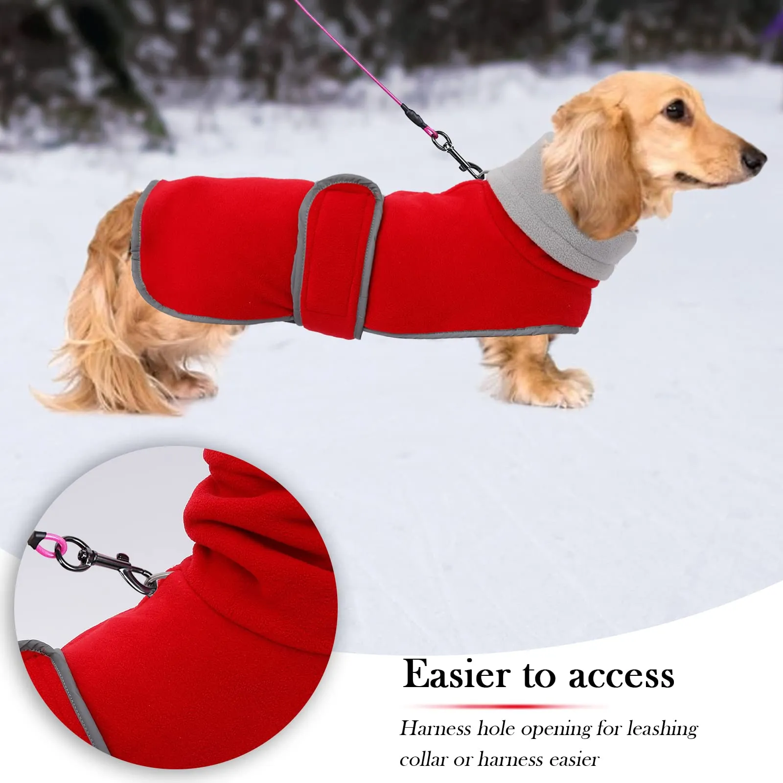 Geyecete Cappotto Invernale in Pile per Cani e Bassotti con Foro per Imbracatura, Rosso, L - immagine 4