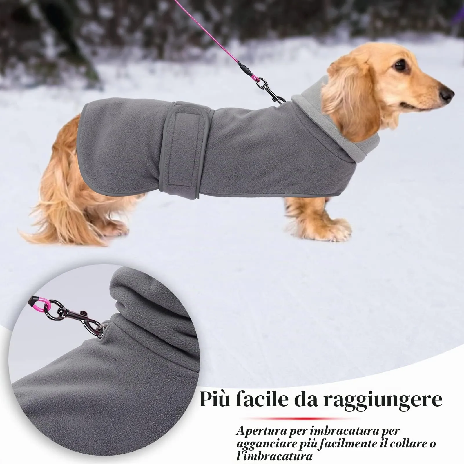 Geyecete Cappotto Invernale in Pile per Bassotti con Foro per Imbracatura, Grigio, S - immagine 4