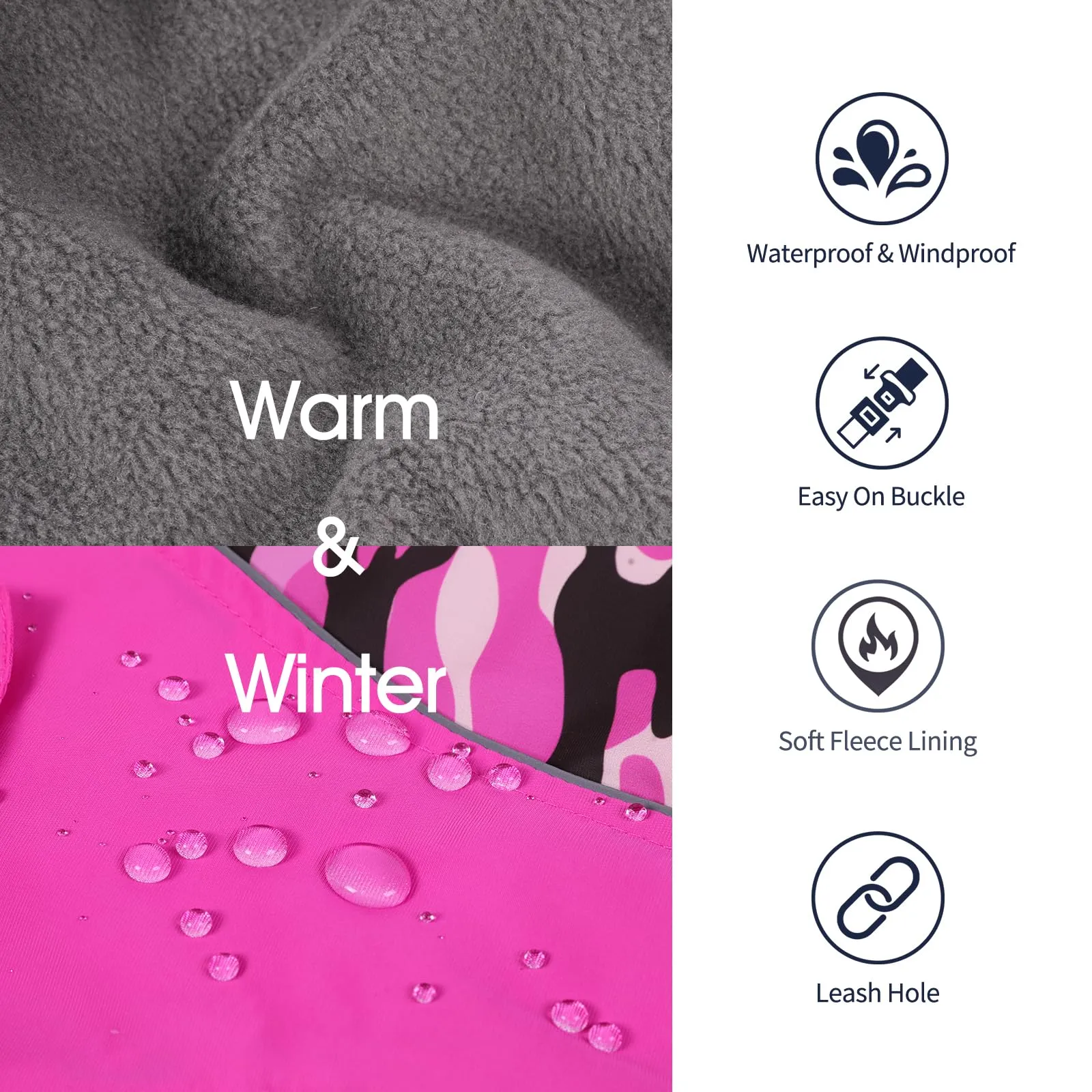 IECOii Cappotto Impermeabile e Antivento per Cani, Giacca Invernale Termica con Pile di Corallo e Strisce Riflettenti, Mimetico Rosa, XL - immagine 4