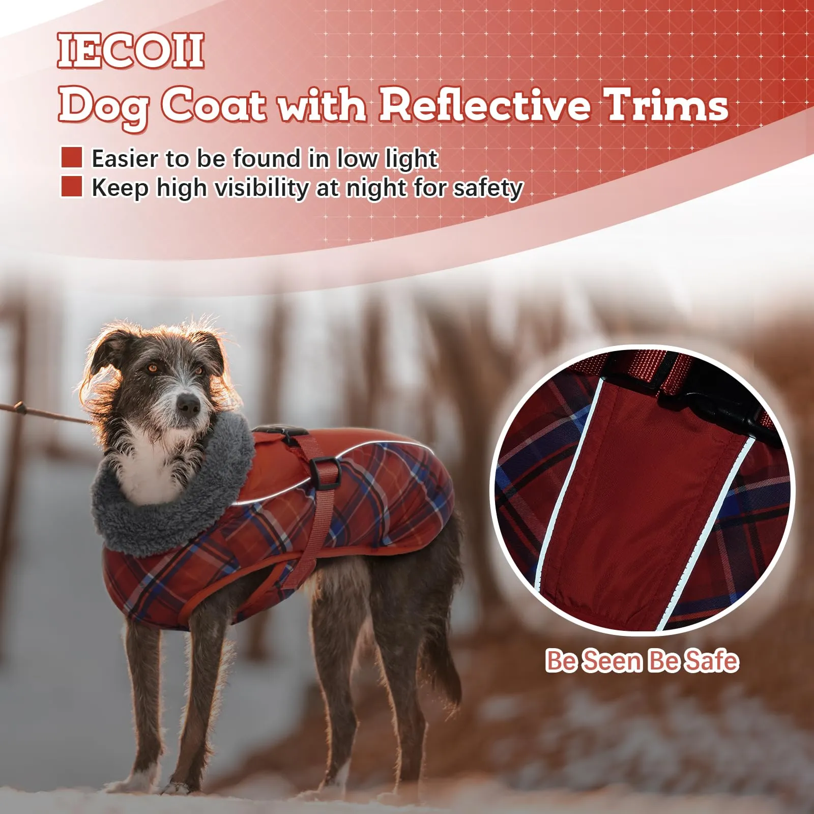 IECOii Cappotto Invernale per Cani Impermeabile e Antivento con Pile di Corallo, Taglia XL, Tartan Rosso - immagine 3