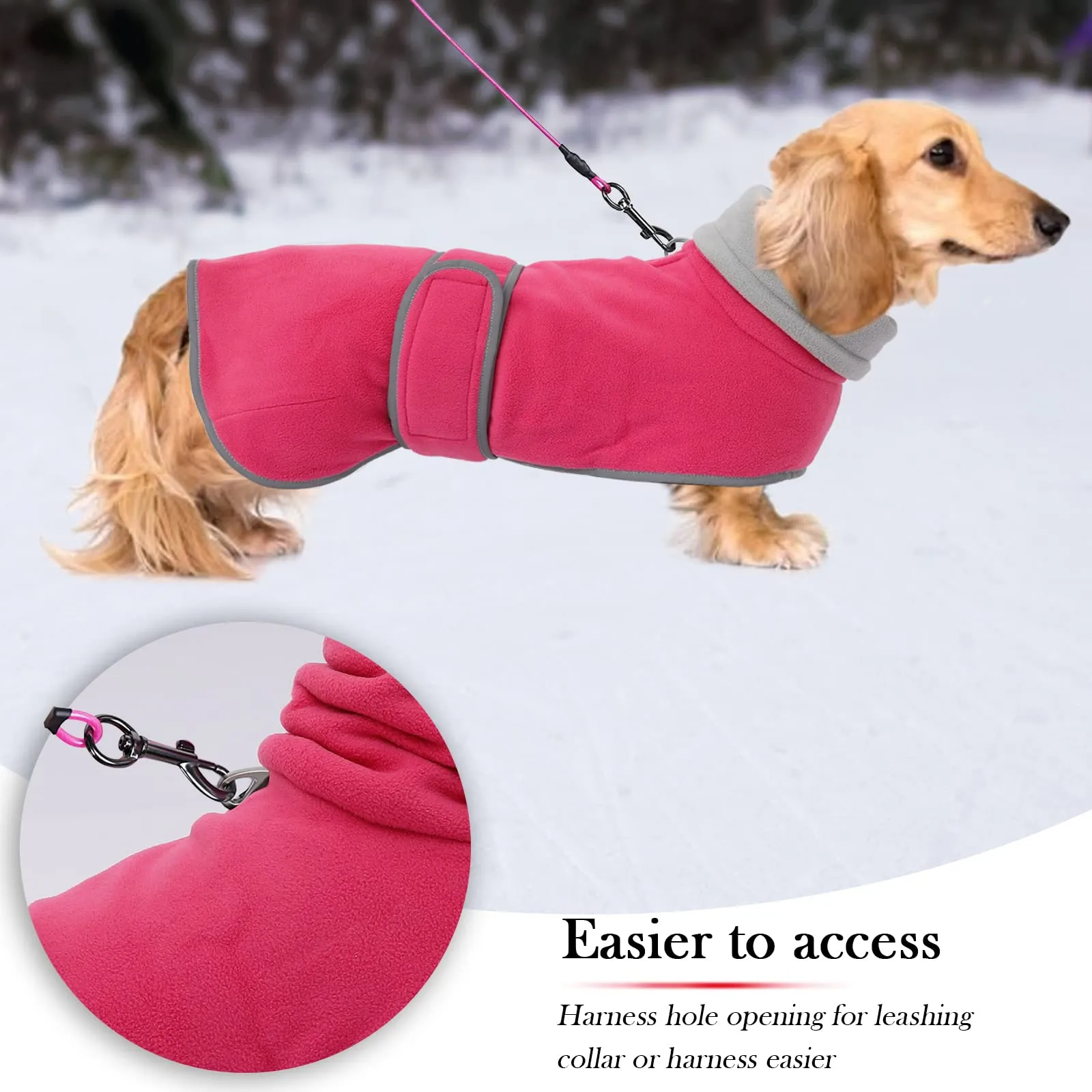Geyecete Cappotto Invernale in Pile per Cani Bassotti con Foro per Imbracatura, Rosa, XL - immagine 4