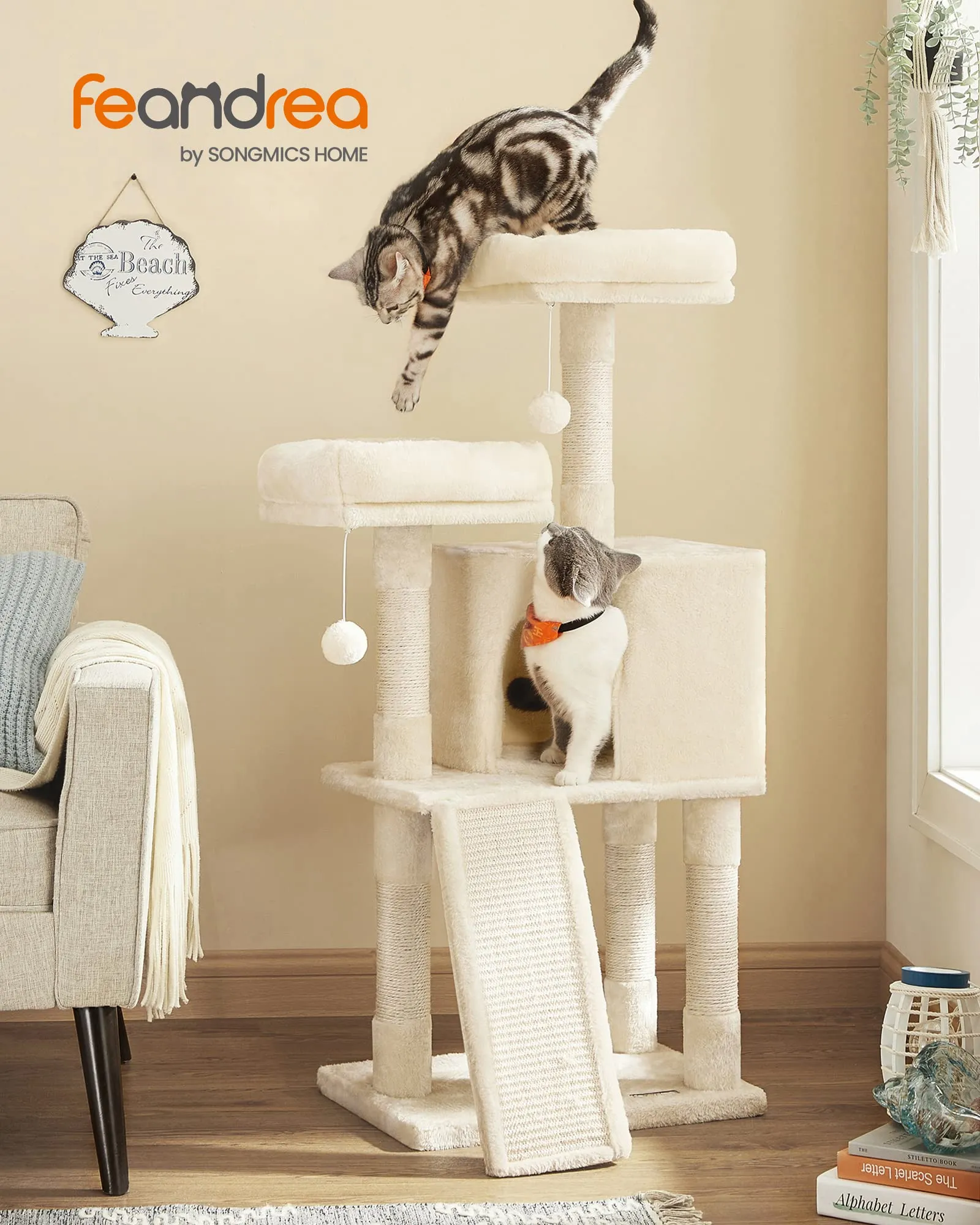 Feandrea Albero per Gatti con Casetta e Tiragraffi, 115 cm, Beige - immagine 2