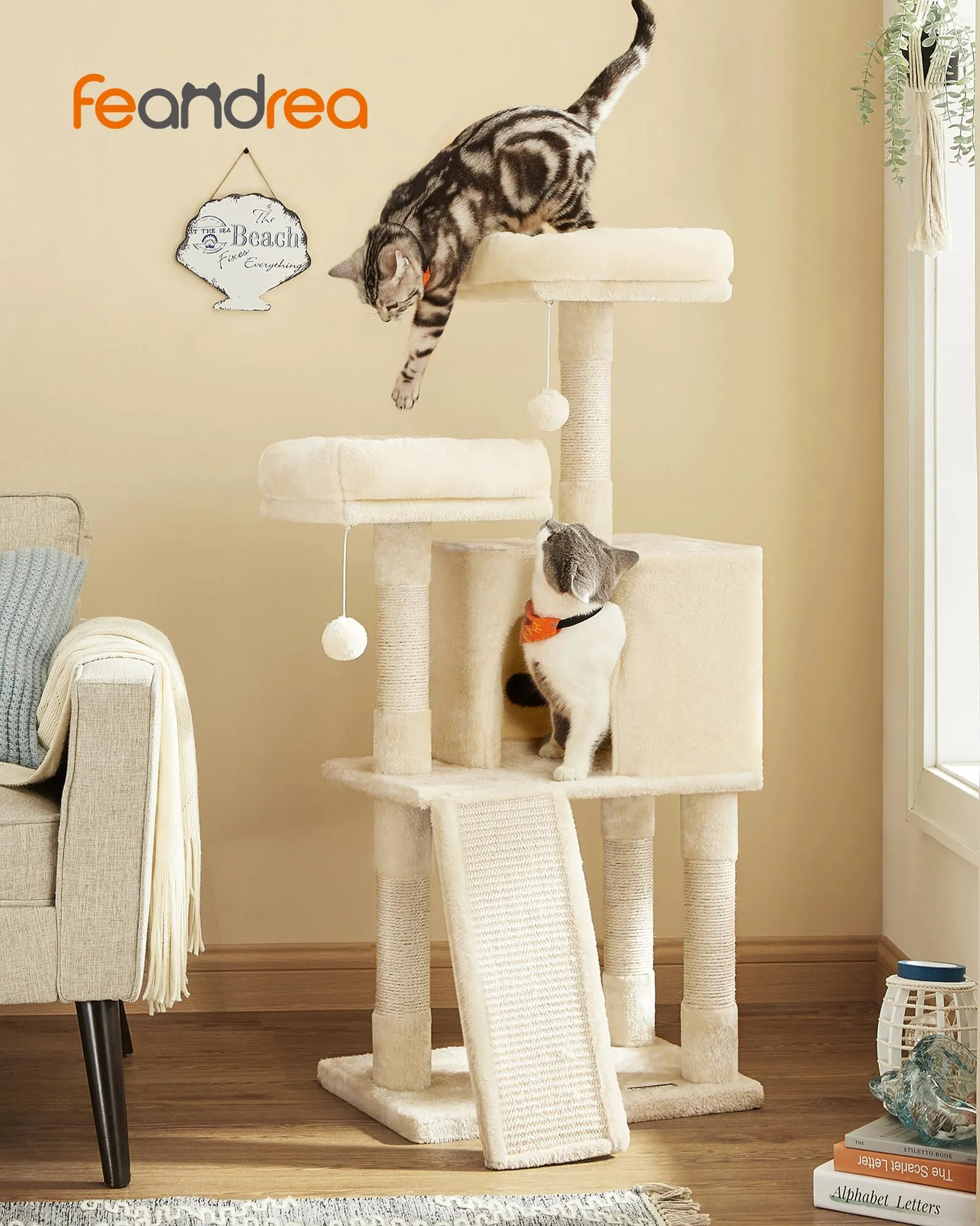 Feandrea Albero per Gatti con Casetta e Tiragraffi, 115 cm, Beige - immagine 3