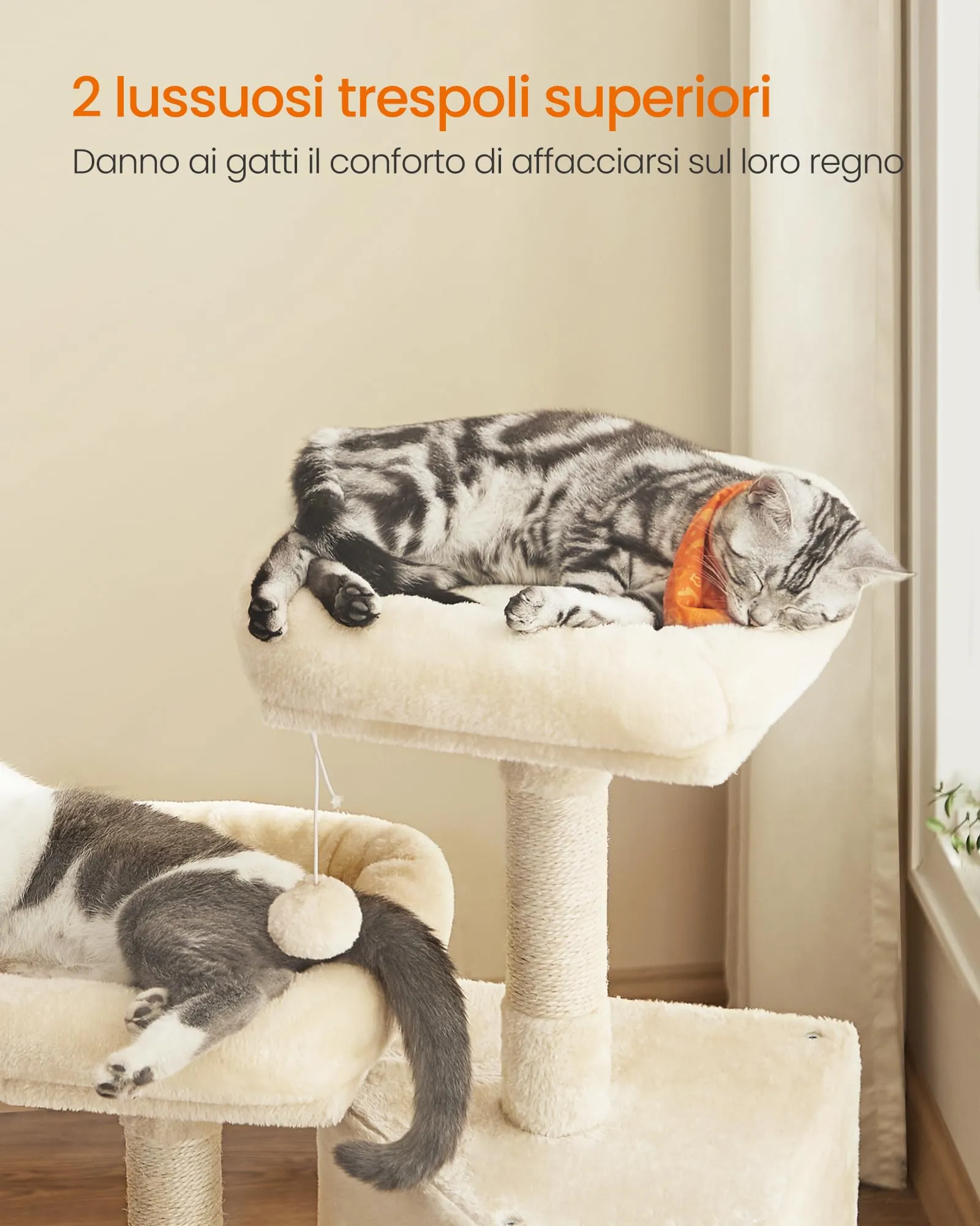 Feandrea Albero per Gatti con Casetta e Tiragraffi, 115 cm, Beige - immagine 4