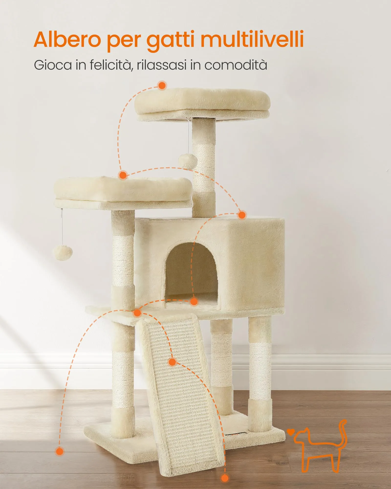Feandrea Albero per Gatti con Casetta e Tiragraffi, 115 cm, Beige - immagine 5