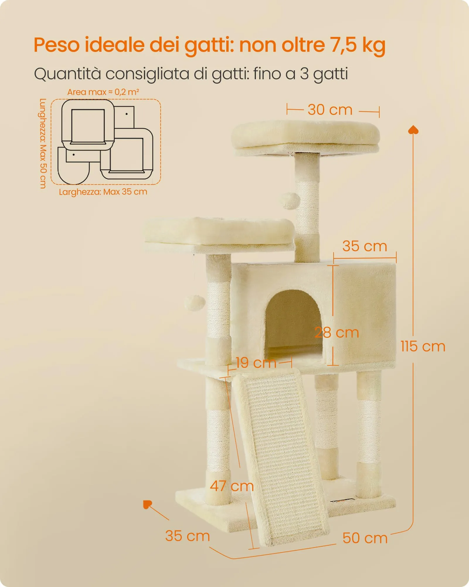 Feandrea Albero per Gatti con Casetta e Tiragraffi, 115 cm, Beige - immagine 6