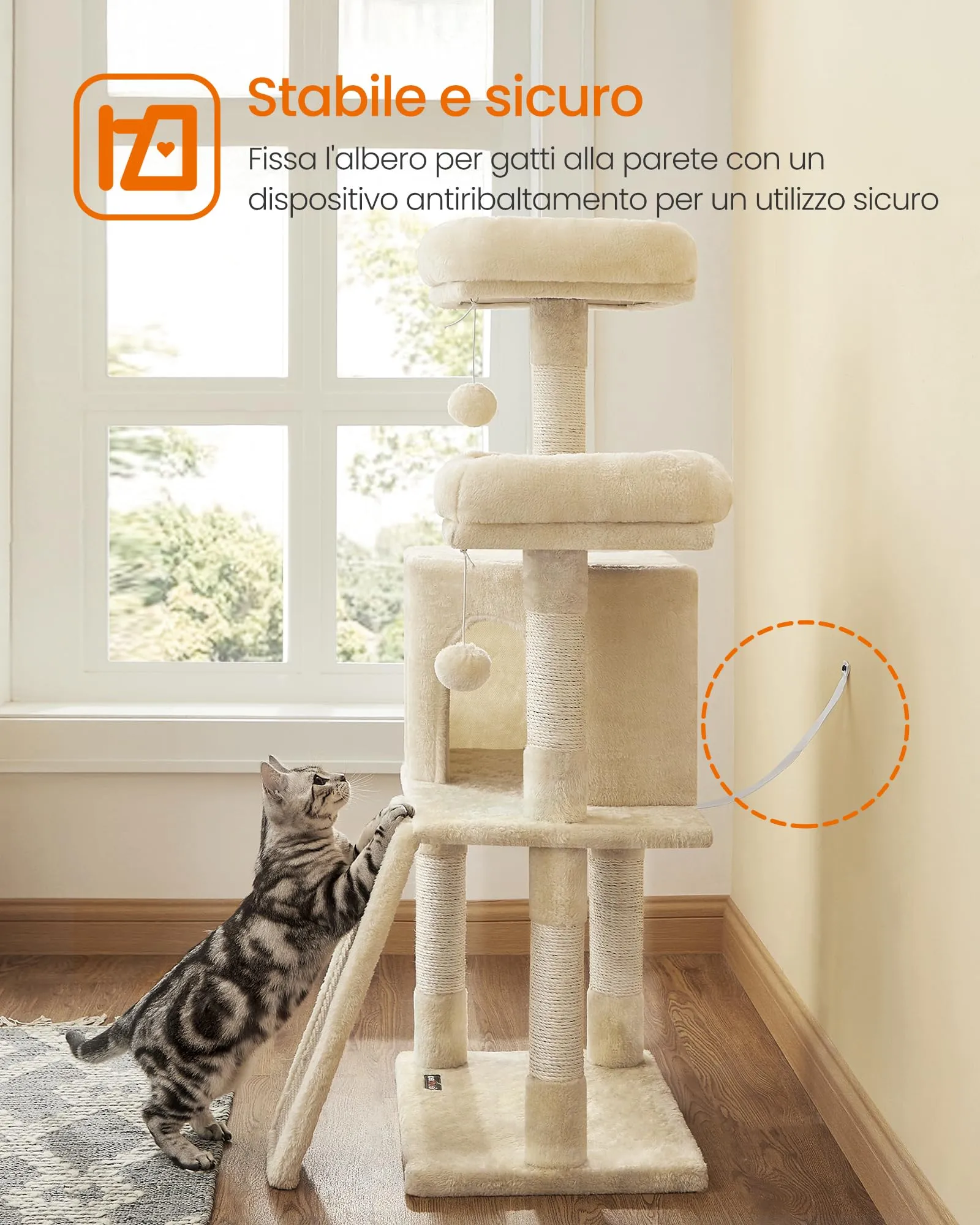 Feandrea Albero per Gatti con Casetta e Tiragraffi, 115 cm, Beige - immagine 7
