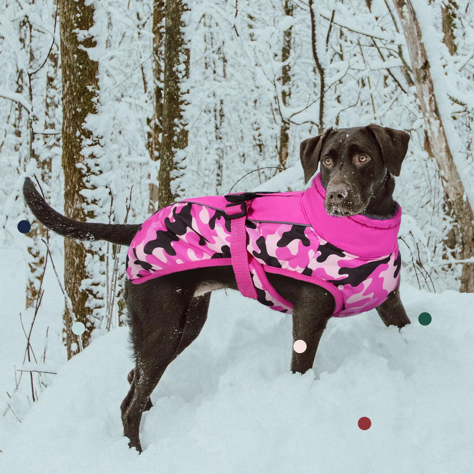IECOii Cappotto invernale per cani impermeabile e antivento, Giacca termica riflettente con foro per guinzaglio, Taglia M, Camuffamento Rosa - immagine 6