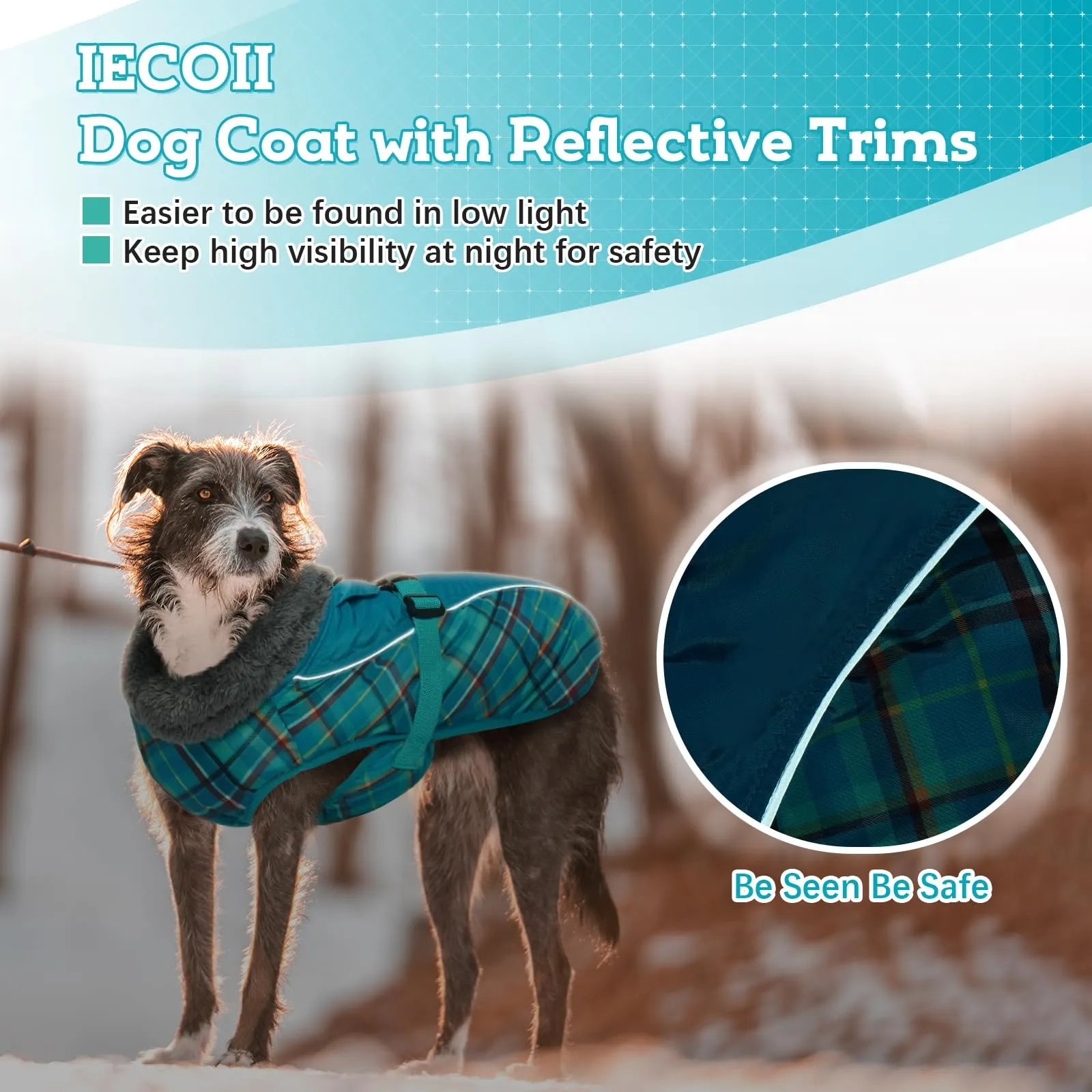 IECOii Cappotto Invernale per Cani Impermeabile e Antivento, Giacca Termica con Riflettenti e Foro per Guinzaglio, Tartan Verde, XXXL - immagine 3
