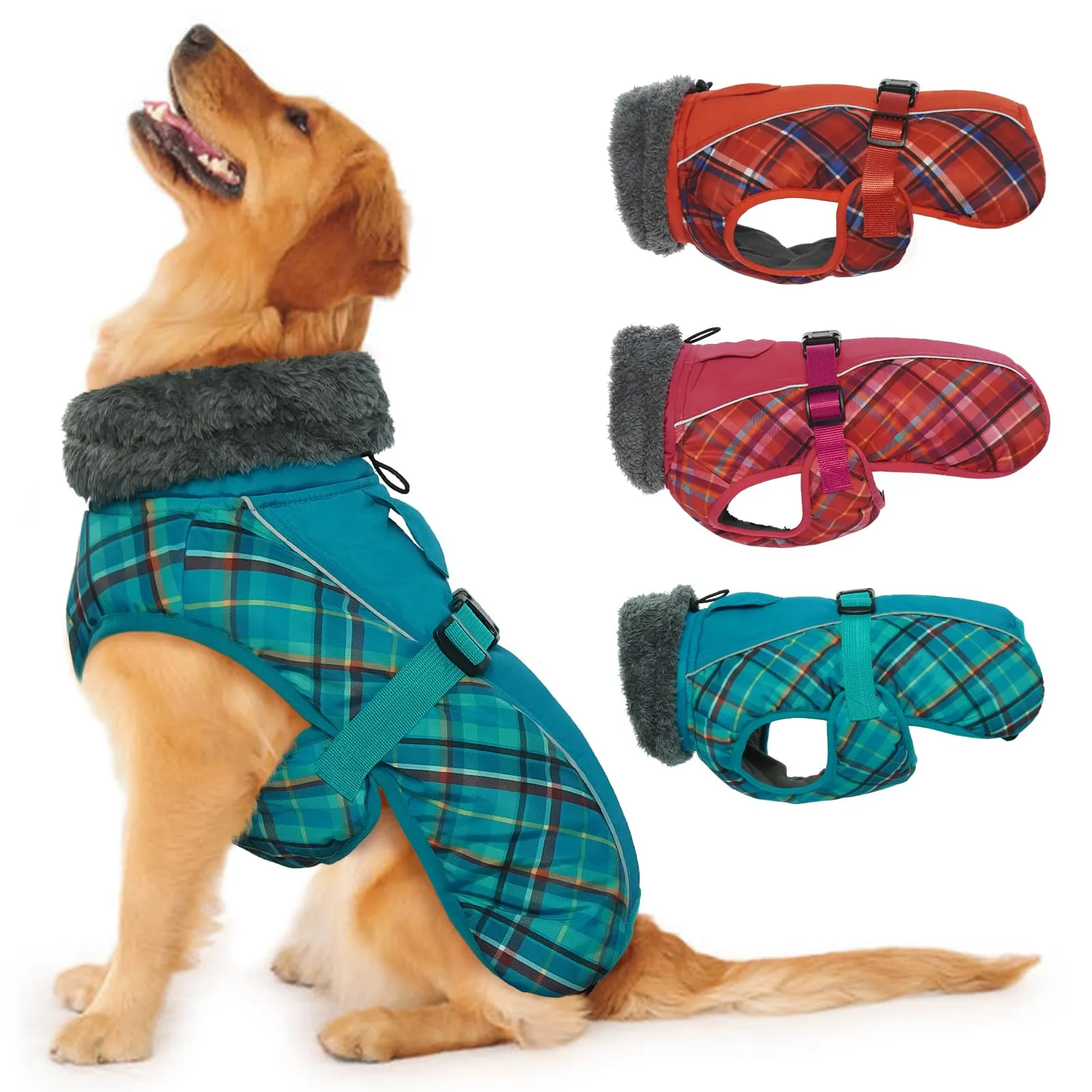 IECOii Cappotto Invernale per Cani Impermeabile e Antivento, XL, Tartan Verde - immagine 1