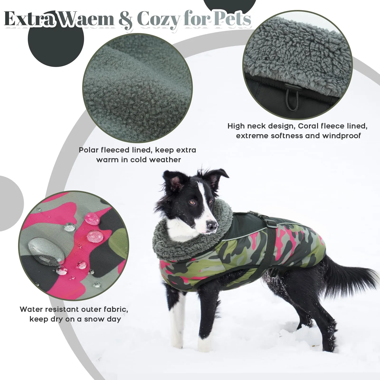 IECOii Cappotto Invernale per Cani Impermeabile e Antivento, Giacca Termica con Pile di Corallo e Strisce Riflettenti, Taglia XXL, Rosa Mimetica Rossa - immagine 2