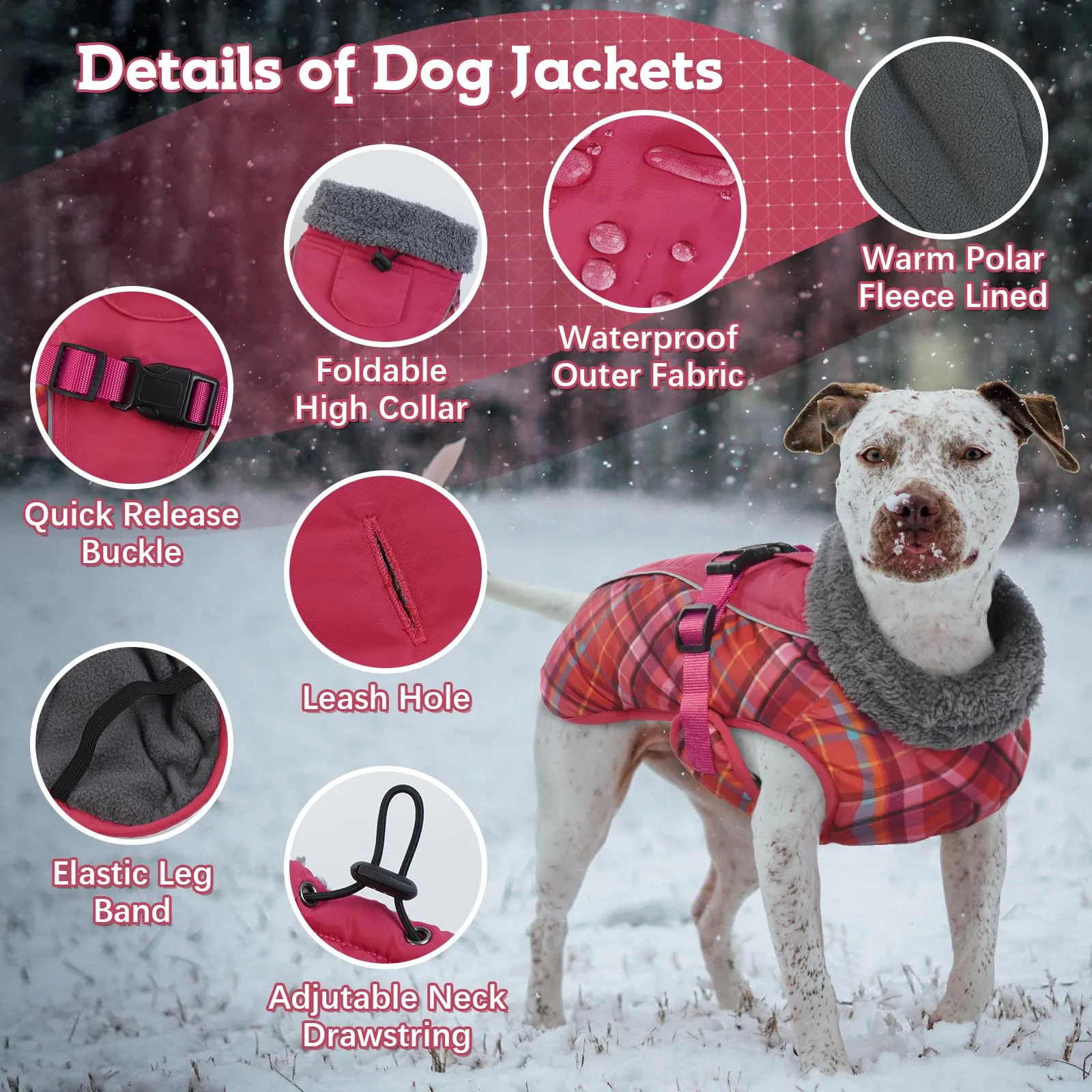 IECOii Cappotto invernale per cani impermeabile e antivento, XL, Tartan Rosa Scuro - immagine 2