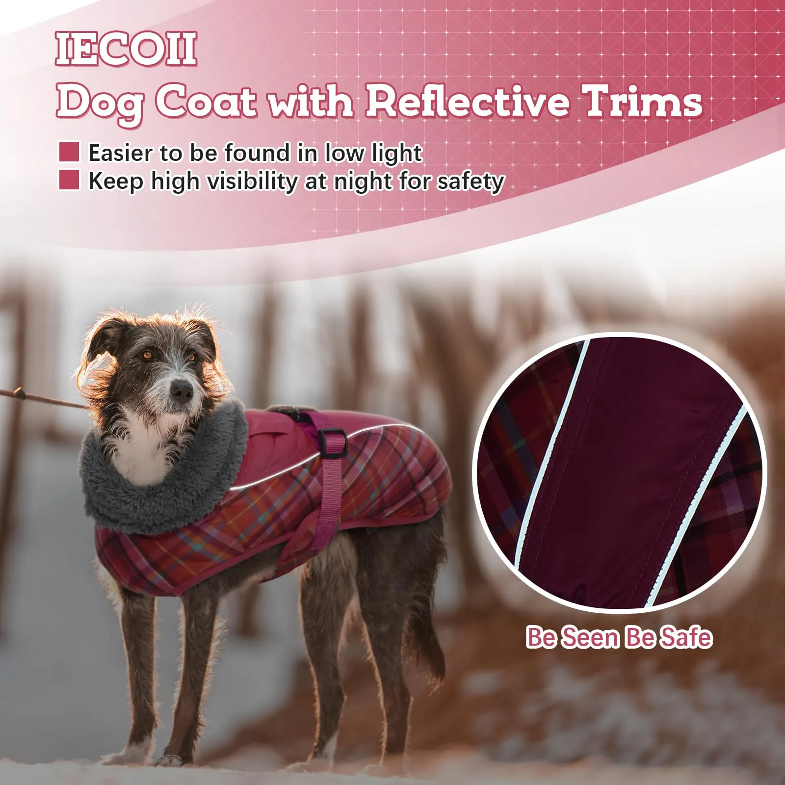 IECOii Cappotto invernale per cani impermeabile e antivento, XL, Tartan Rosa Scuro - immagine 3