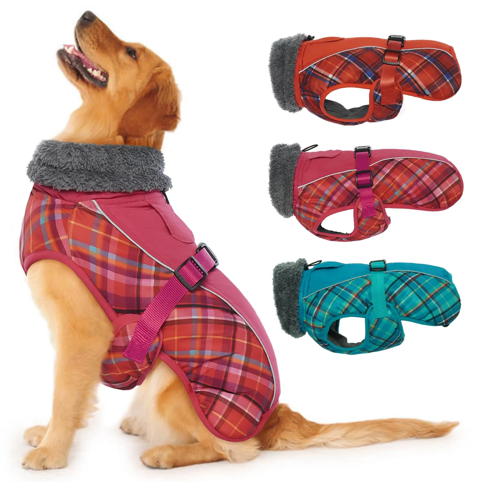 IECOii Cappotto invernale per cani impermeabile e antivento, foderato in pile con strisce riflettenti e foro per guinzaglio, taglia S, Tartan Rosa Scuro - immagine 1