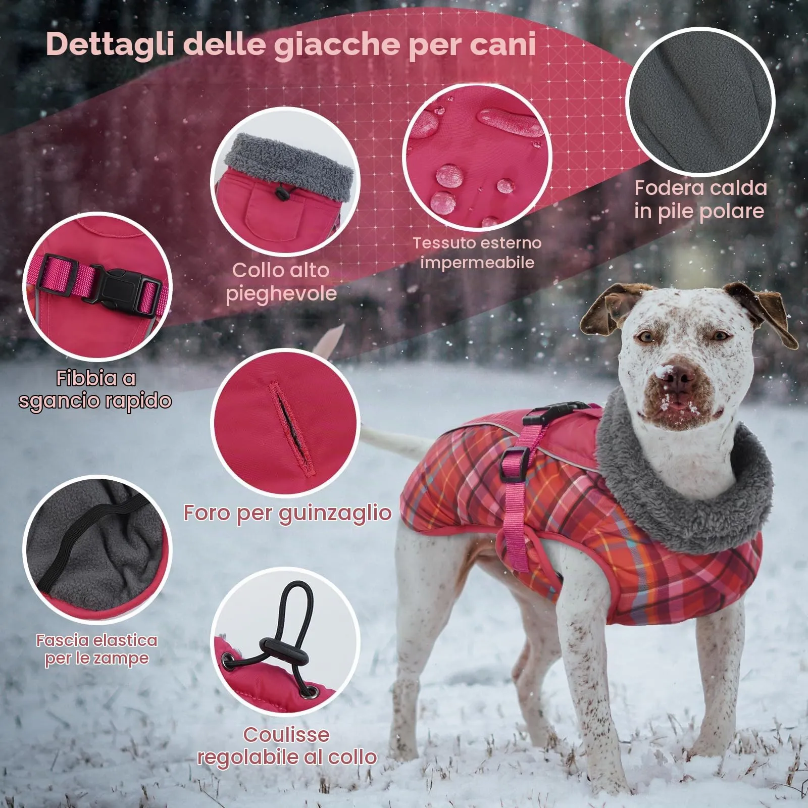 IECOii Cappotto invernale per cani impermeabile e antivento, foderato in pile con strisce riflettenti e foro per guinzaglio, taglia S, Tartan Rosa Scuro - immagine 2