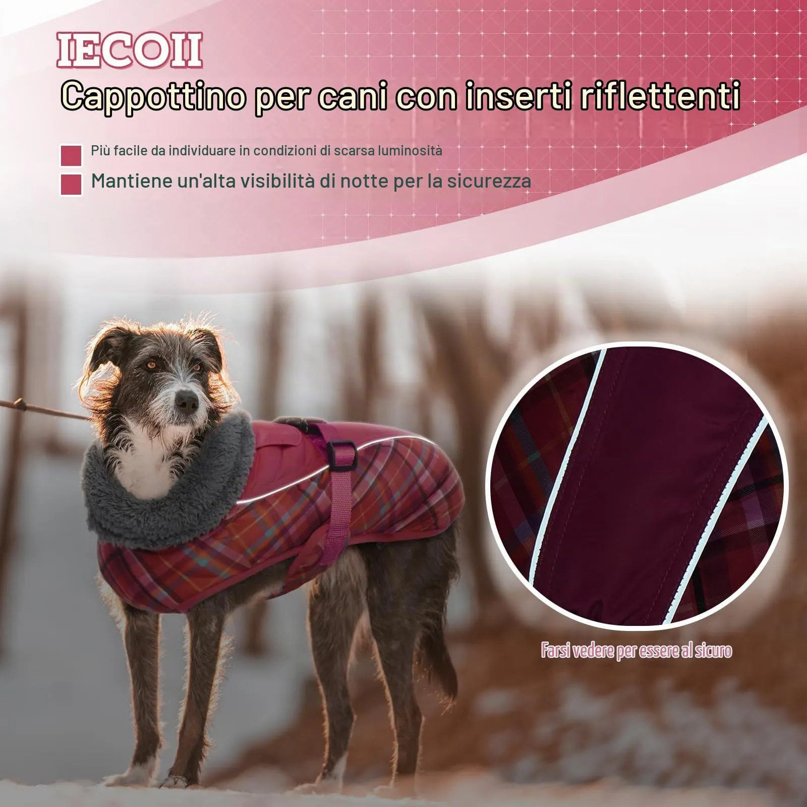 IECOii Cappotto invernale per cani impermeabile e antivento, foderato in pile con strisce riflettenti e foro per guinzaglio, taglia S, Tartan Rosa Scuro - immagine 3