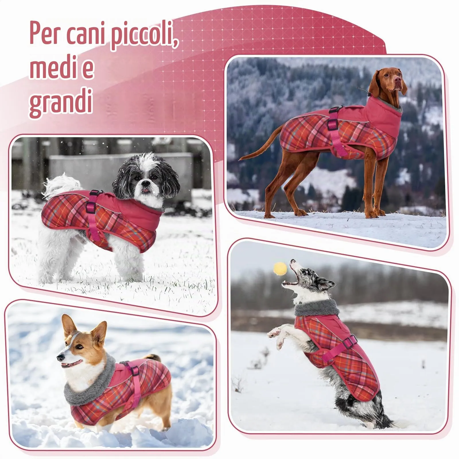 IECOii Cappotto invernale per cani impermeabile e antivento, foderato in pile con strisce riflettenti e foro per guinzaglio, taglia S, Tartan Rosa Scuro - immagine 5