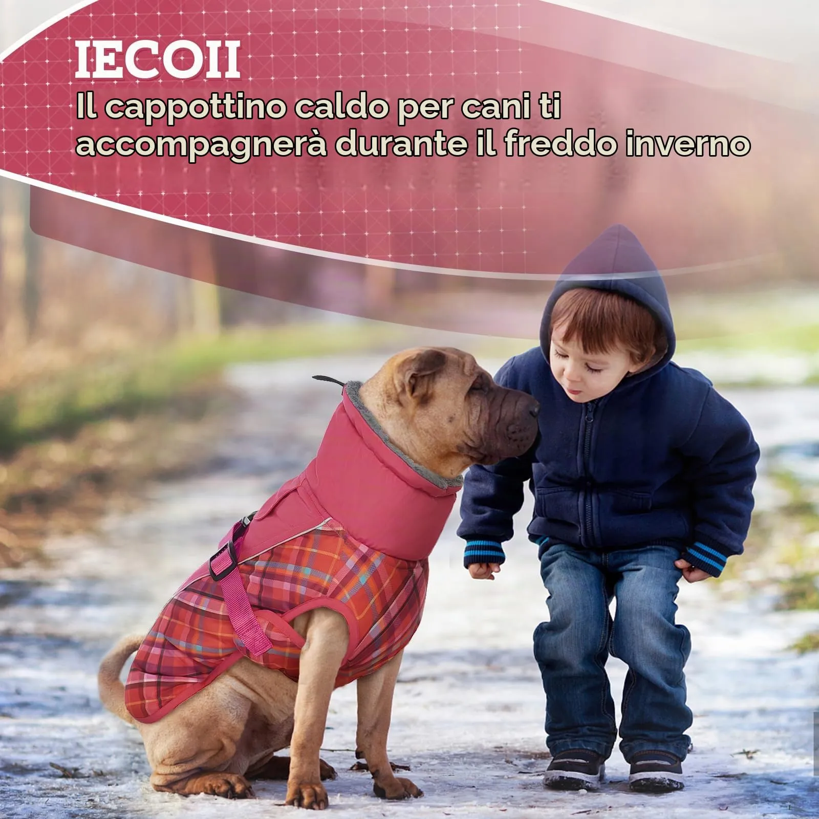 IECOii Cappotto invernale per cani impermeabile e antivento, foderato in pile con strisce riflettenti e foro per guinzaglio, taglia S, Tartan Rosa Scuro - immagine 6